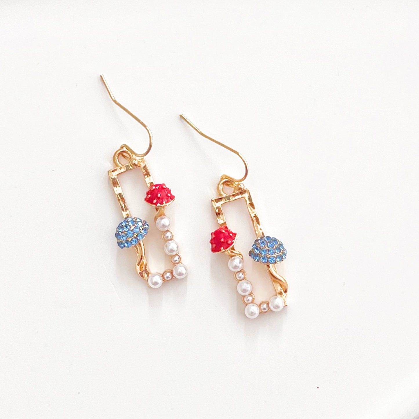 Red Fly Agaric and Blue Roundhead Mushroom Good Luck Drop Earrings-Ninaouity