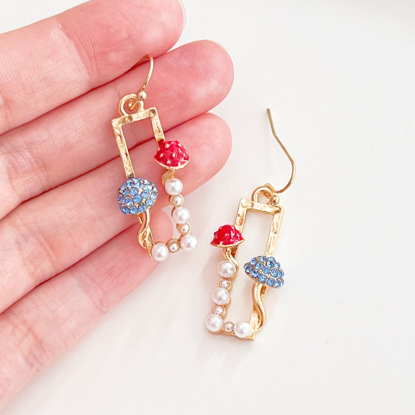 Red Fly Agaric and Blue Roundhead Mushroom Good Luck Drop Earrings-Ninaouity