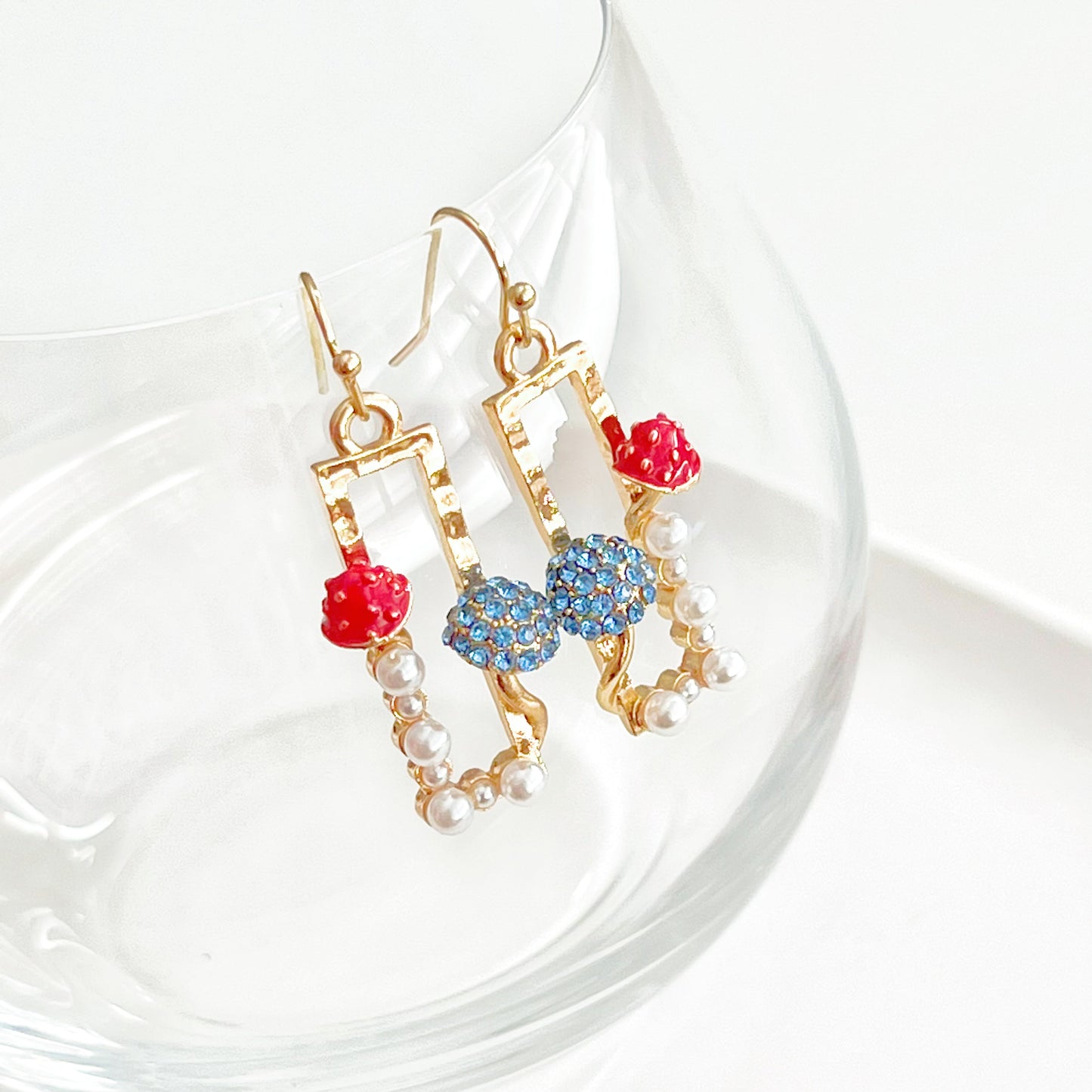 Red Fly Agaric and Blue Roundhead Mushroom Good Luck Drop Earrings-Ninaouity