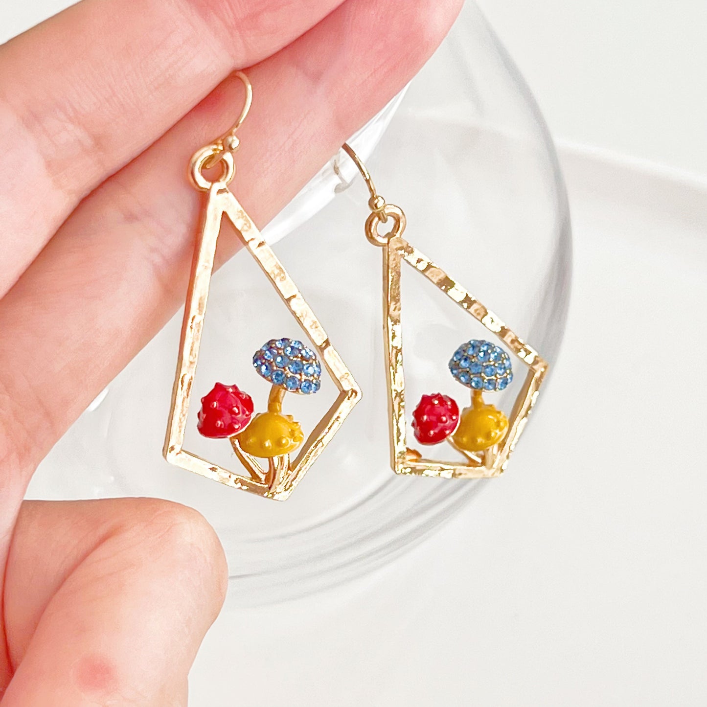Red Fly Agaric Mushrooms in Gold Diamond Frame Good Luck Earrings-Ninaouity