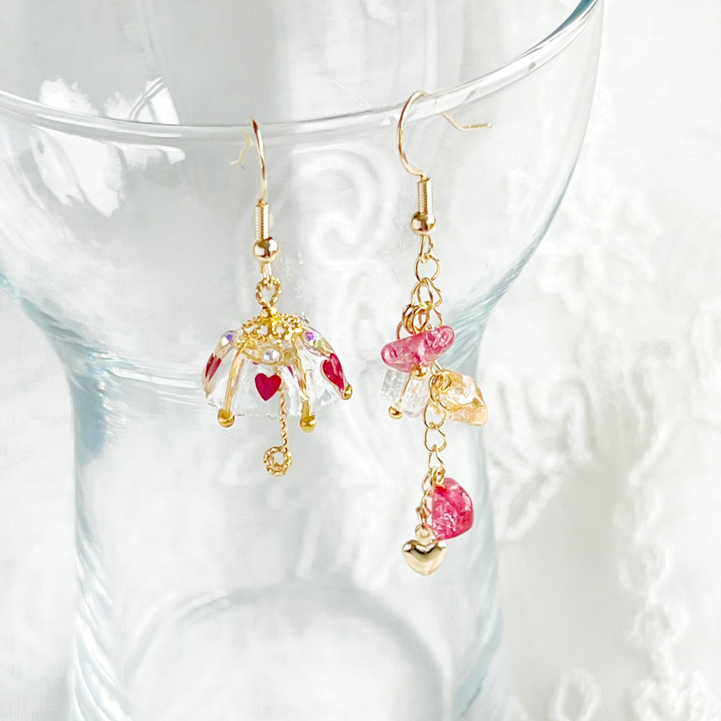 Red Heart Confetti Umbrella and Rainbow Stones Drop Earrings-Ninaouity