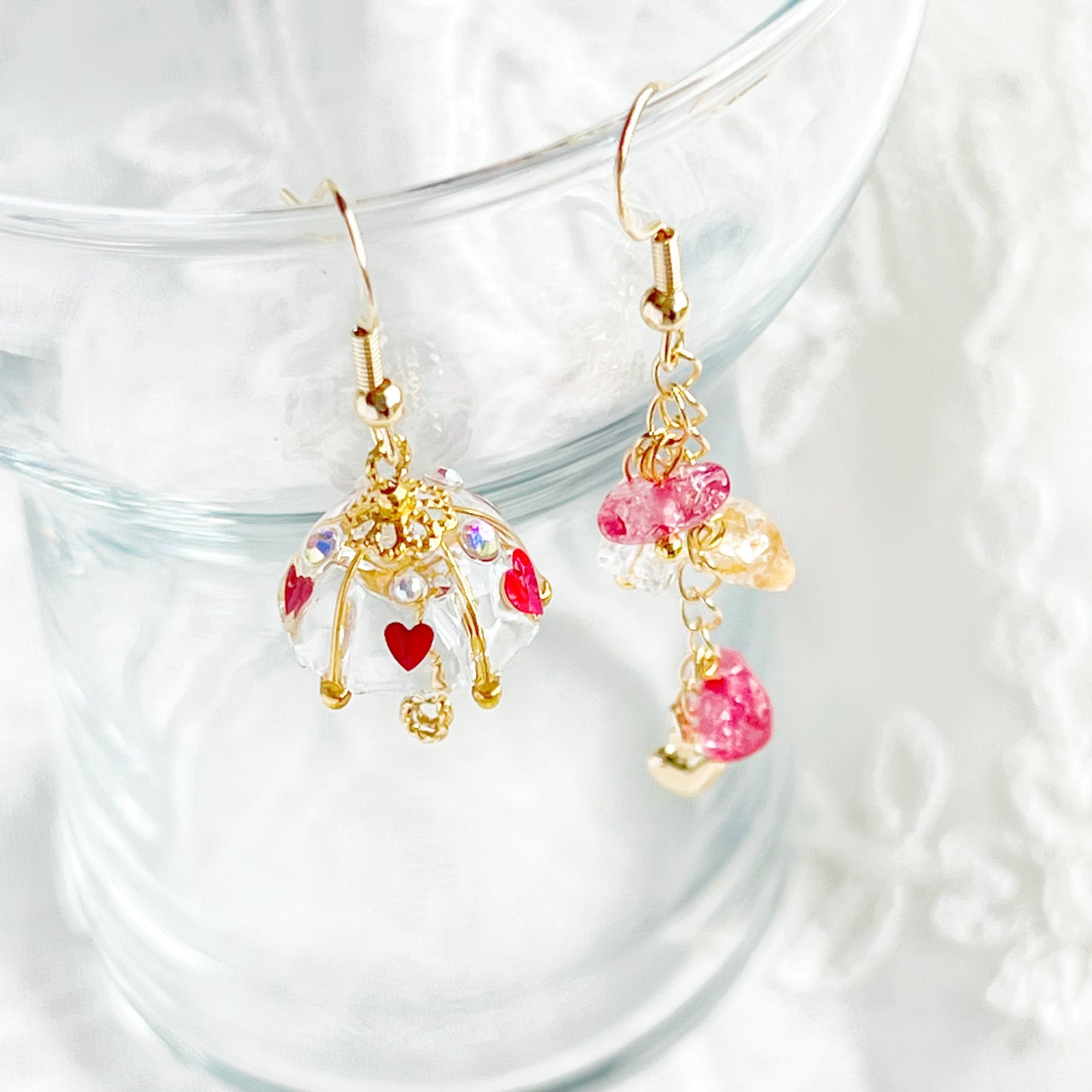 Red Heart Confetti Umbrella and Rainbow Stones Drop Earrings-Ninaouity