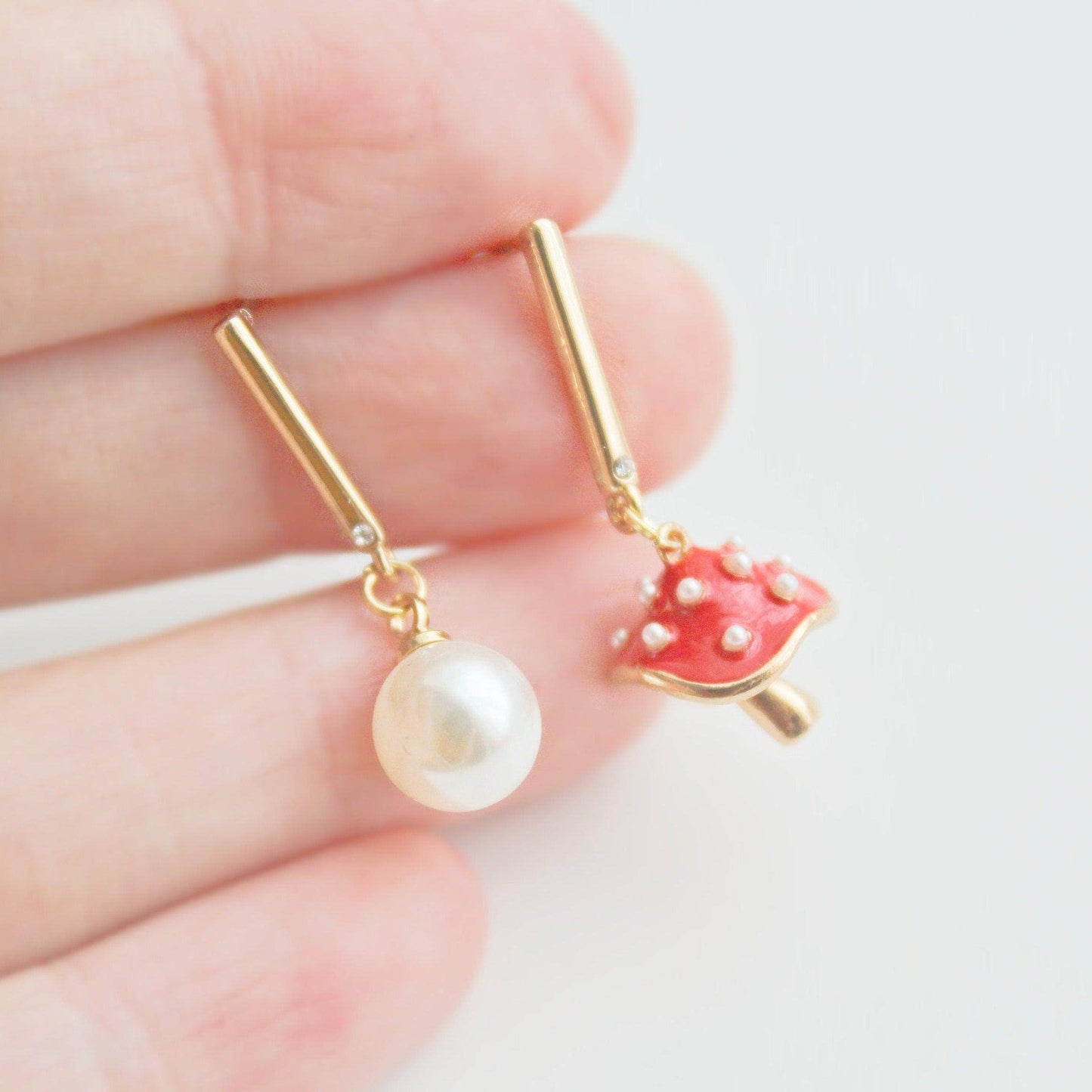 Red Mushroom Earrings - Fly Agaric and Pearl Drop Earrings-Ninaouity