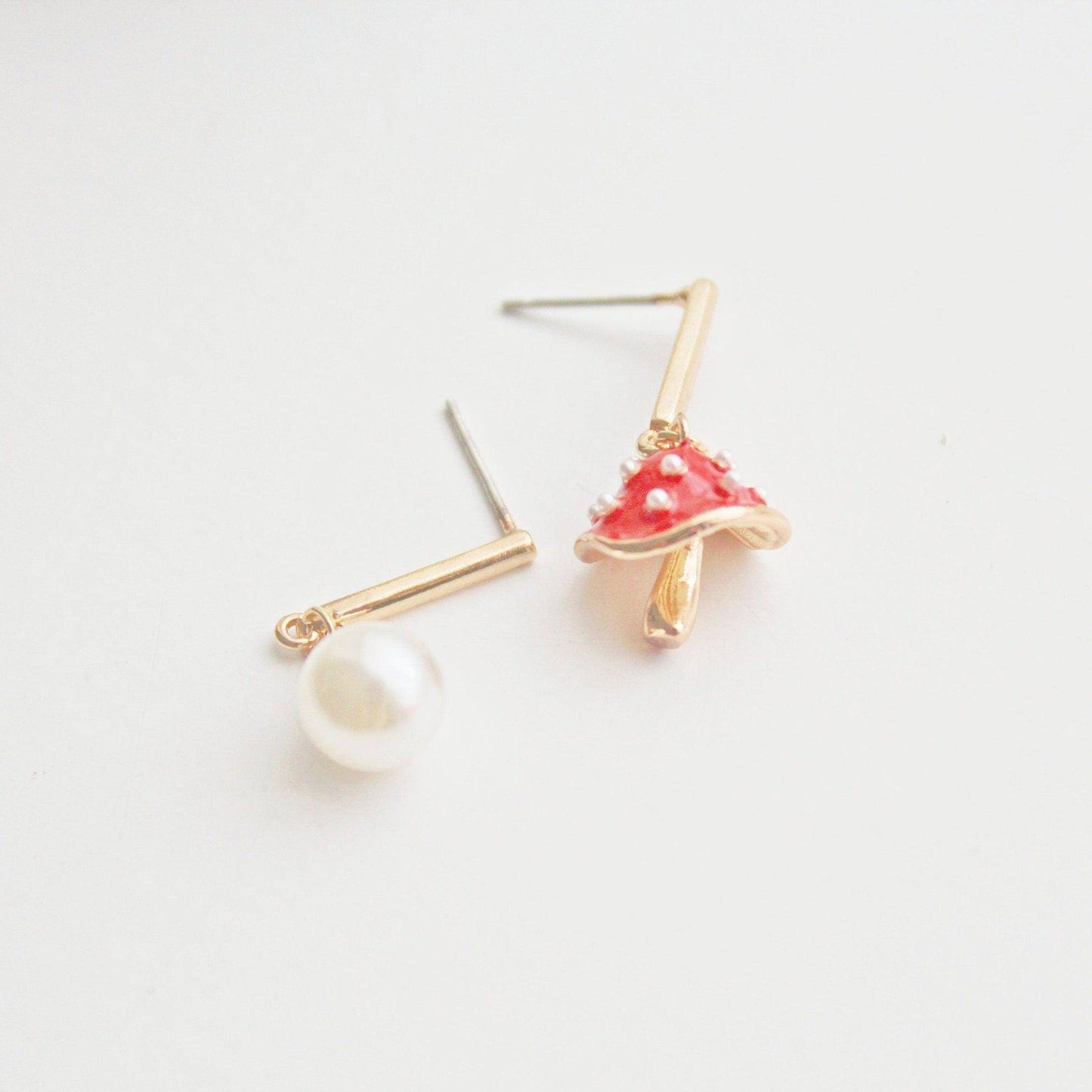 Red Mushroom Earrings - Fly Agaric and Pearl Drop Earrings-Ninaouity