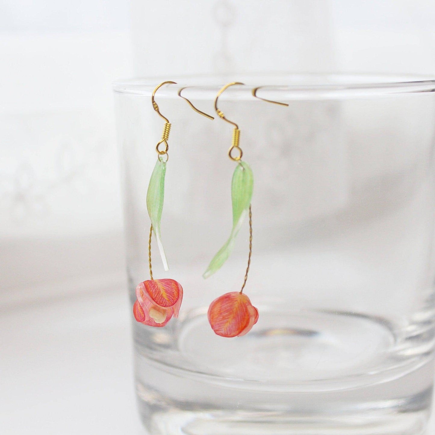 Red Tulip Drop Earrings - Pencil Drawing Style Drop Earrings-Ninaouity