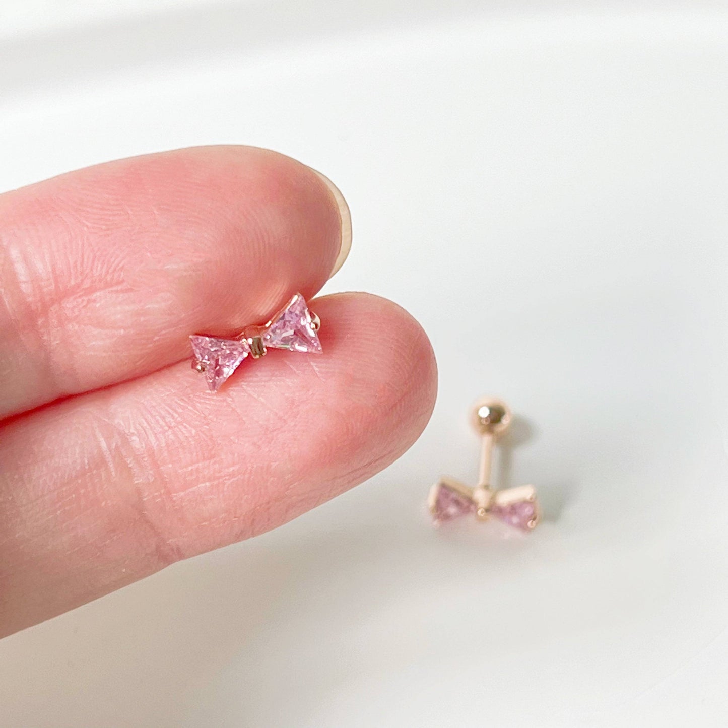Rose Gold Bow Pink Zircon Earrings - Small Size Screw Back Earrings-Ninaouity