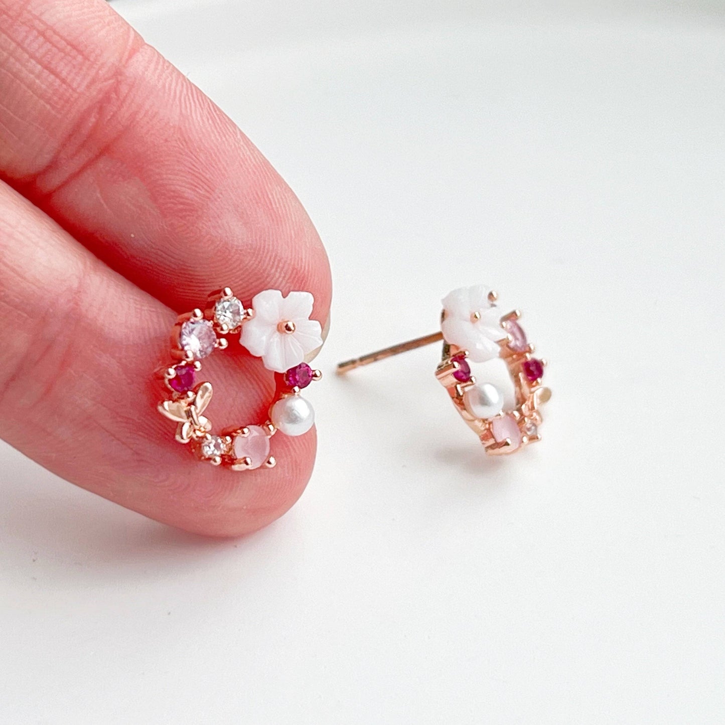 Rose Gold Wreath Pink Flower Earrings-Ninaouity