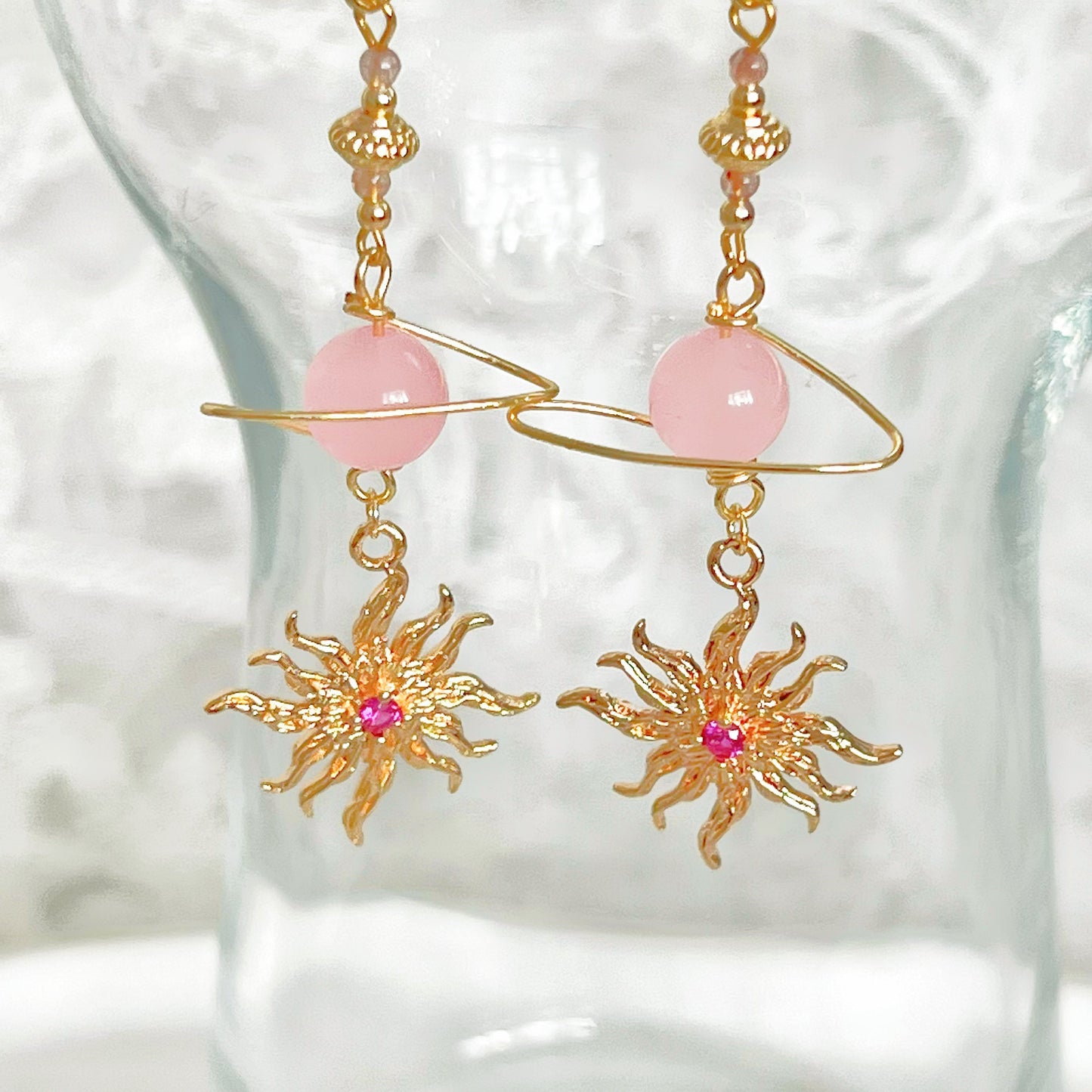 Rose Quartz Planet and Sun Earrings-Ninaouity