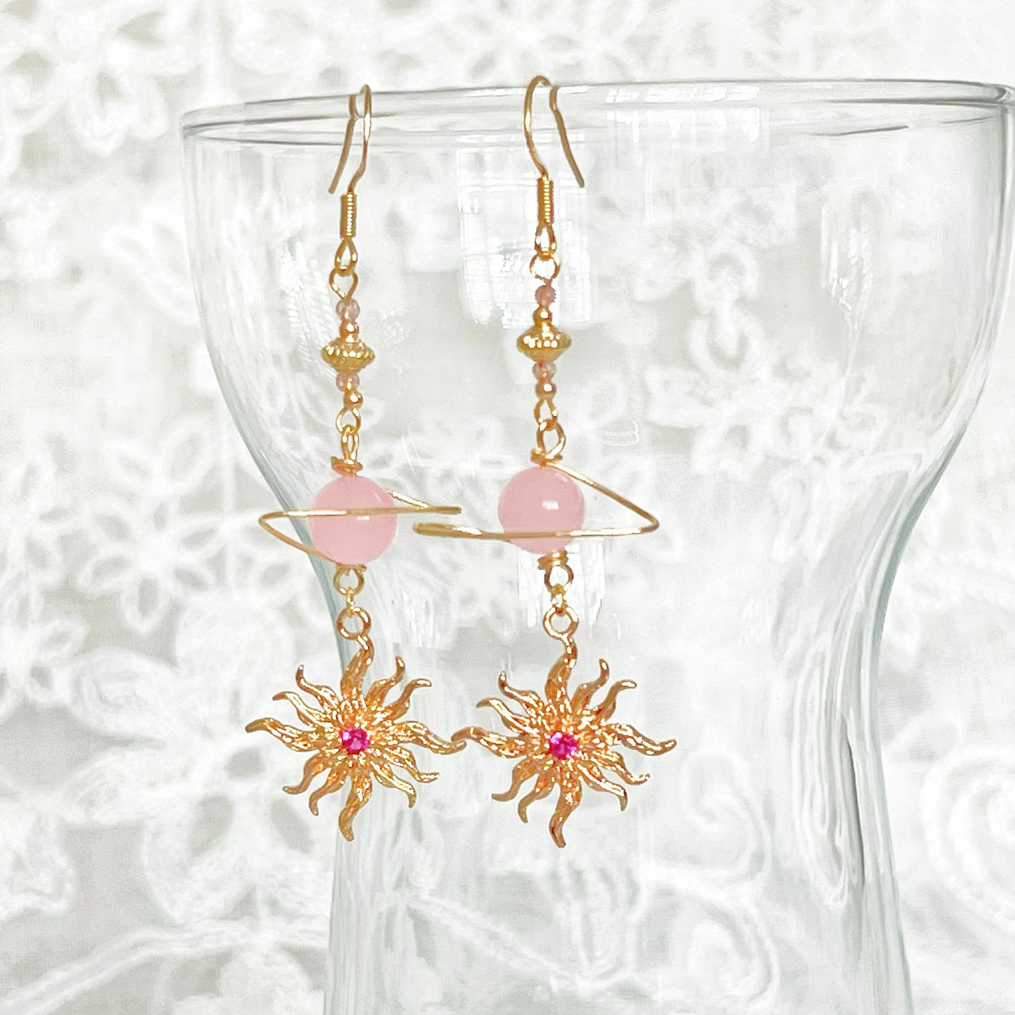 Rose Quartz Planet and Sun Earrings-Ninaouity