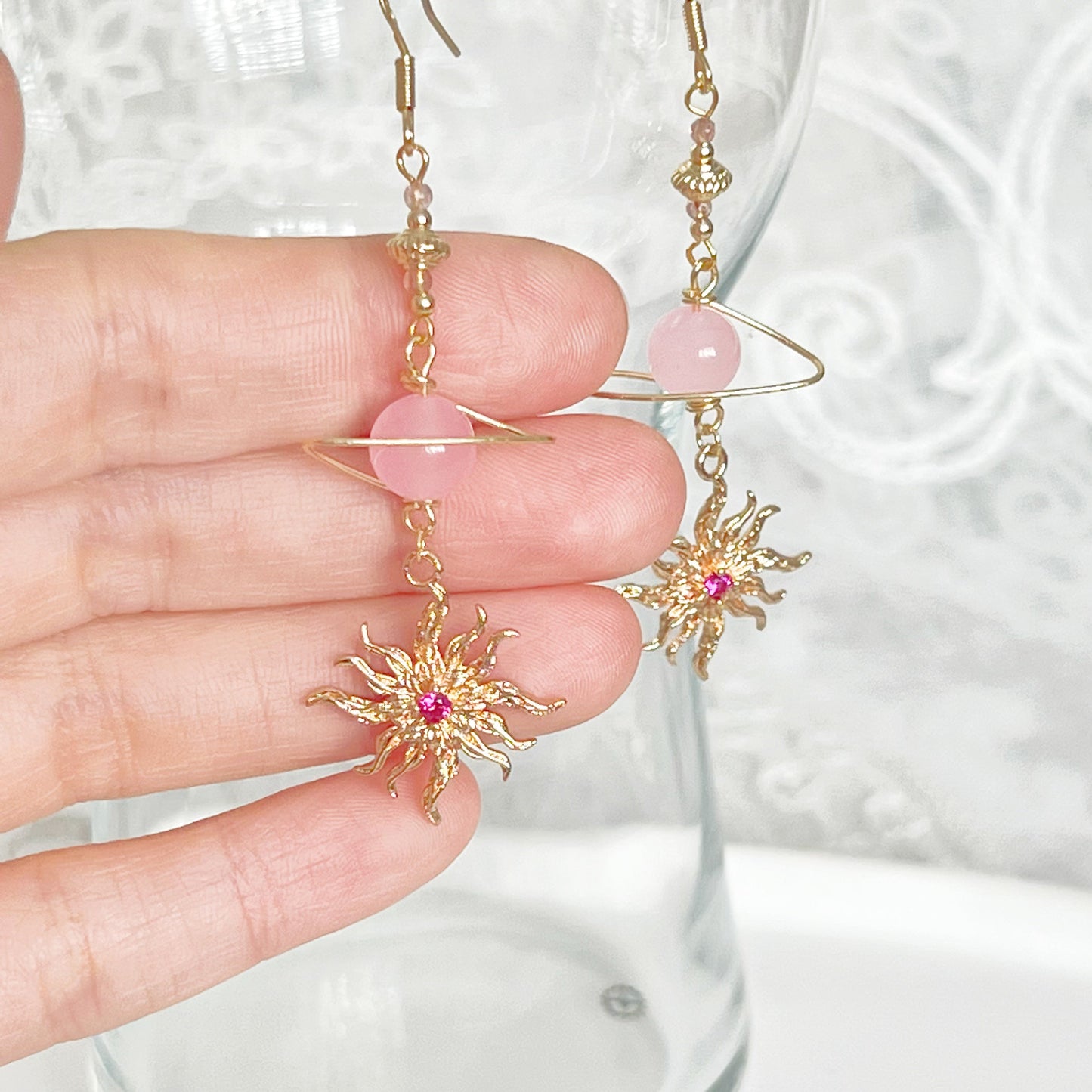 Rose Quartz Planet and Sun Earrings-Ninaouity