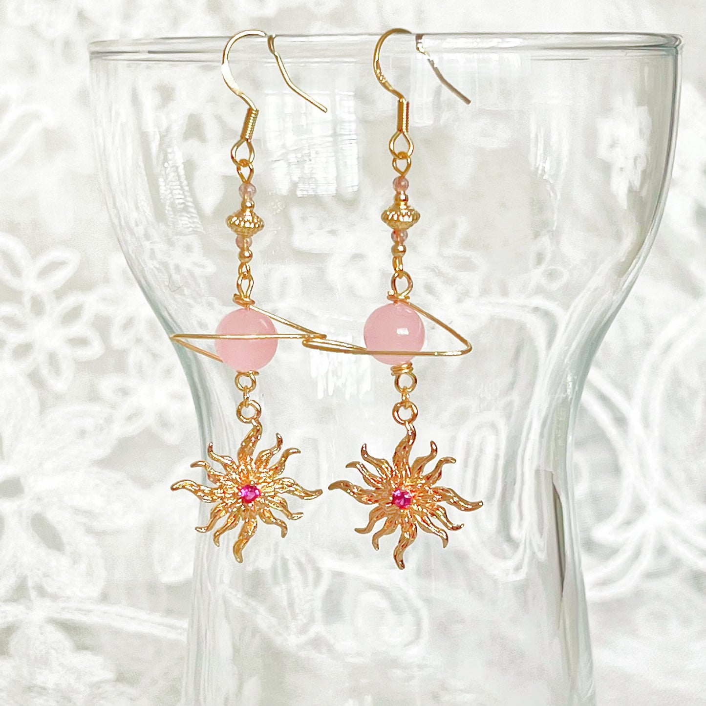 Rose Quartz Planet and Sun Earrings-Ninaouity