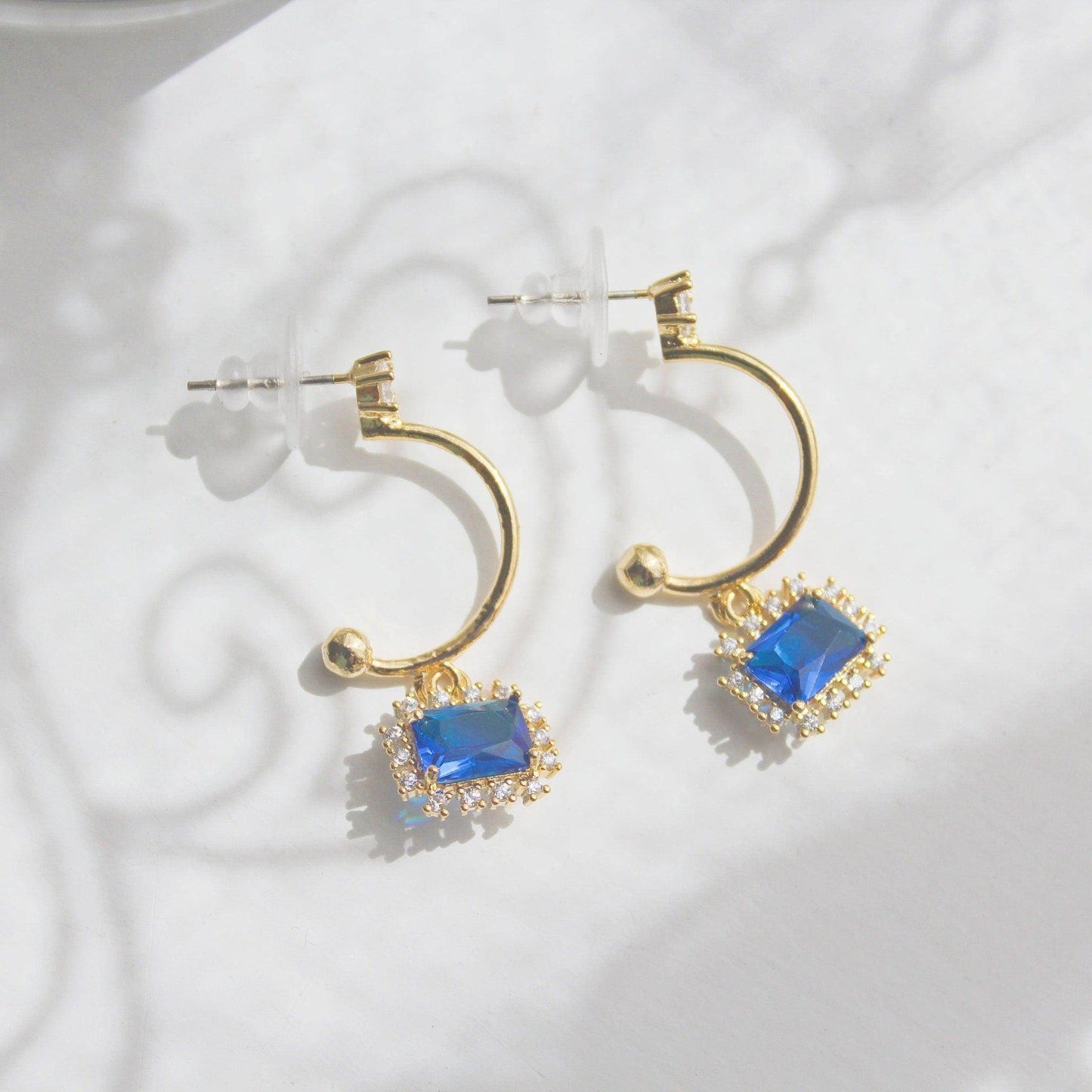 Royal Blue Crystal Earrings - Square Crystal Half Hoop Earrings-Ninaouity