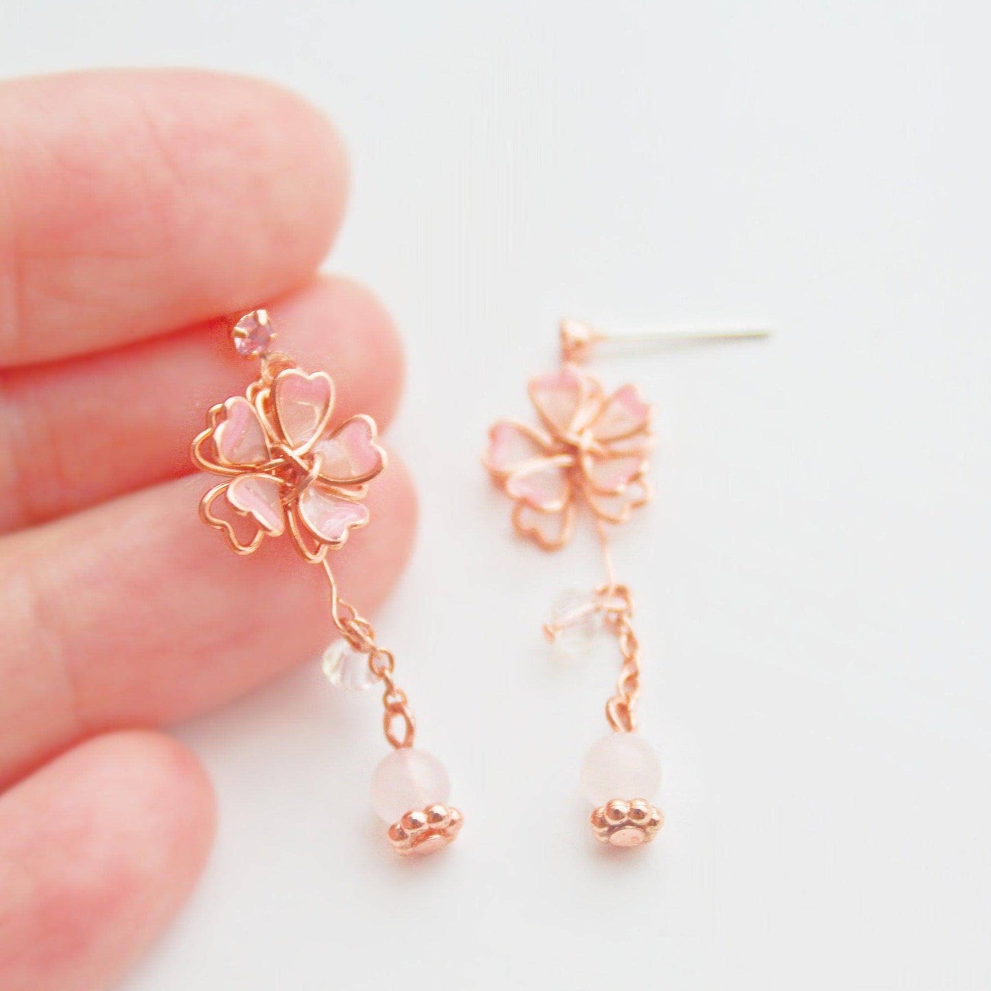 Sakura Flower Earrings - Pink Cherry Blossom with Crystal Drop Earrings-Ninaouity