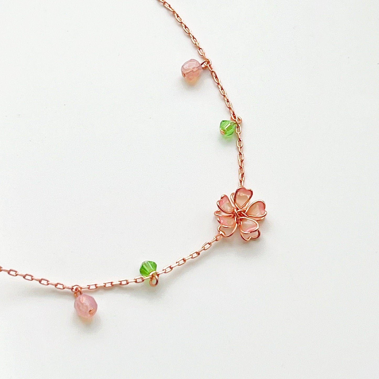 Sakura Flower Necklace - Pink Cherry Blossom with Green Crystal Necklace-Ninaouity