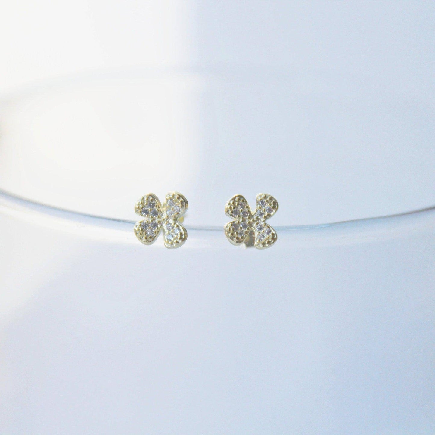 Shamrock Earrings - Gold Four leaf Clover Sterling Silver Stud Earrings-Ninaouity