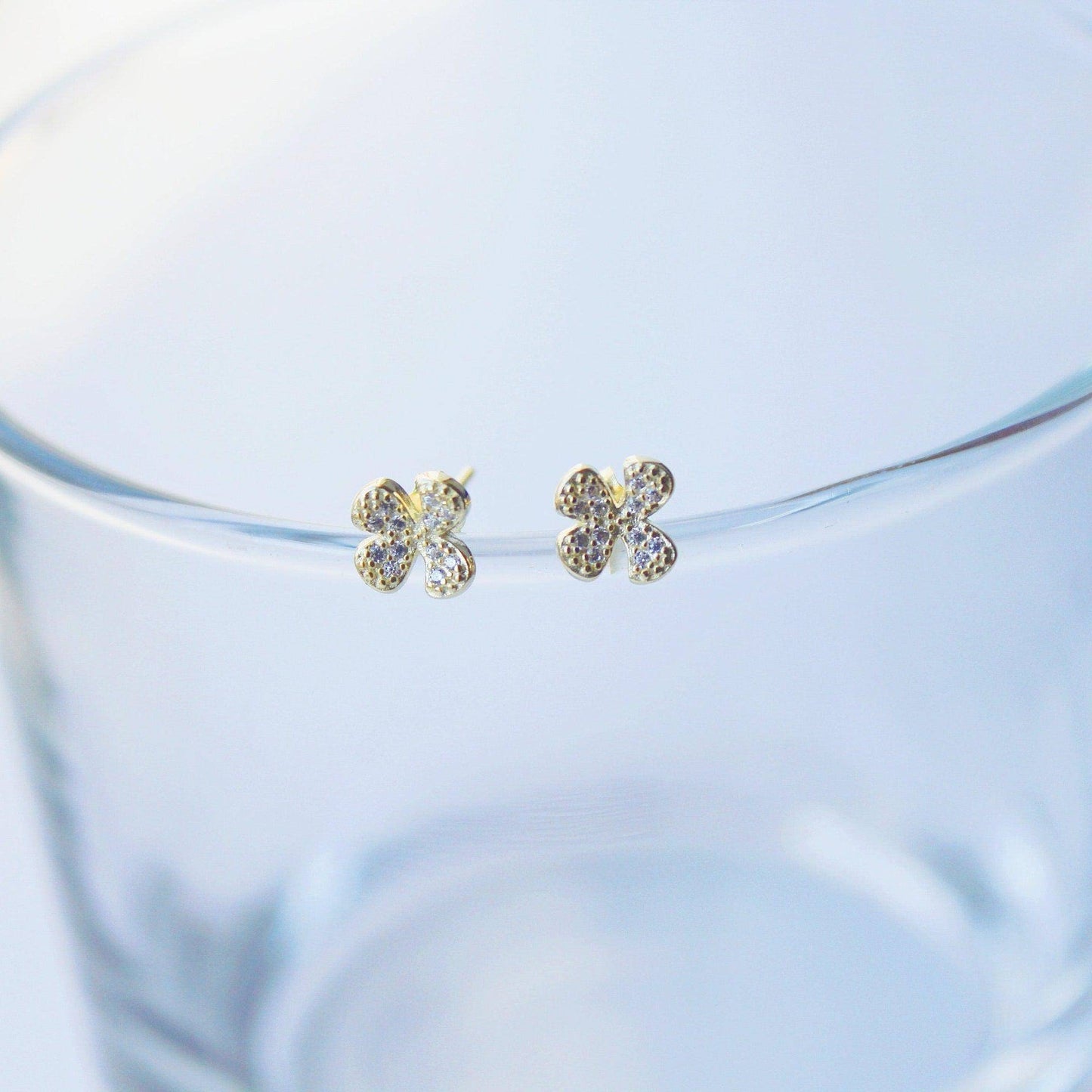 Shamrock Earrings - Gold Four leaf Clover Sterling Silver Stud Earrings-Ninaouity