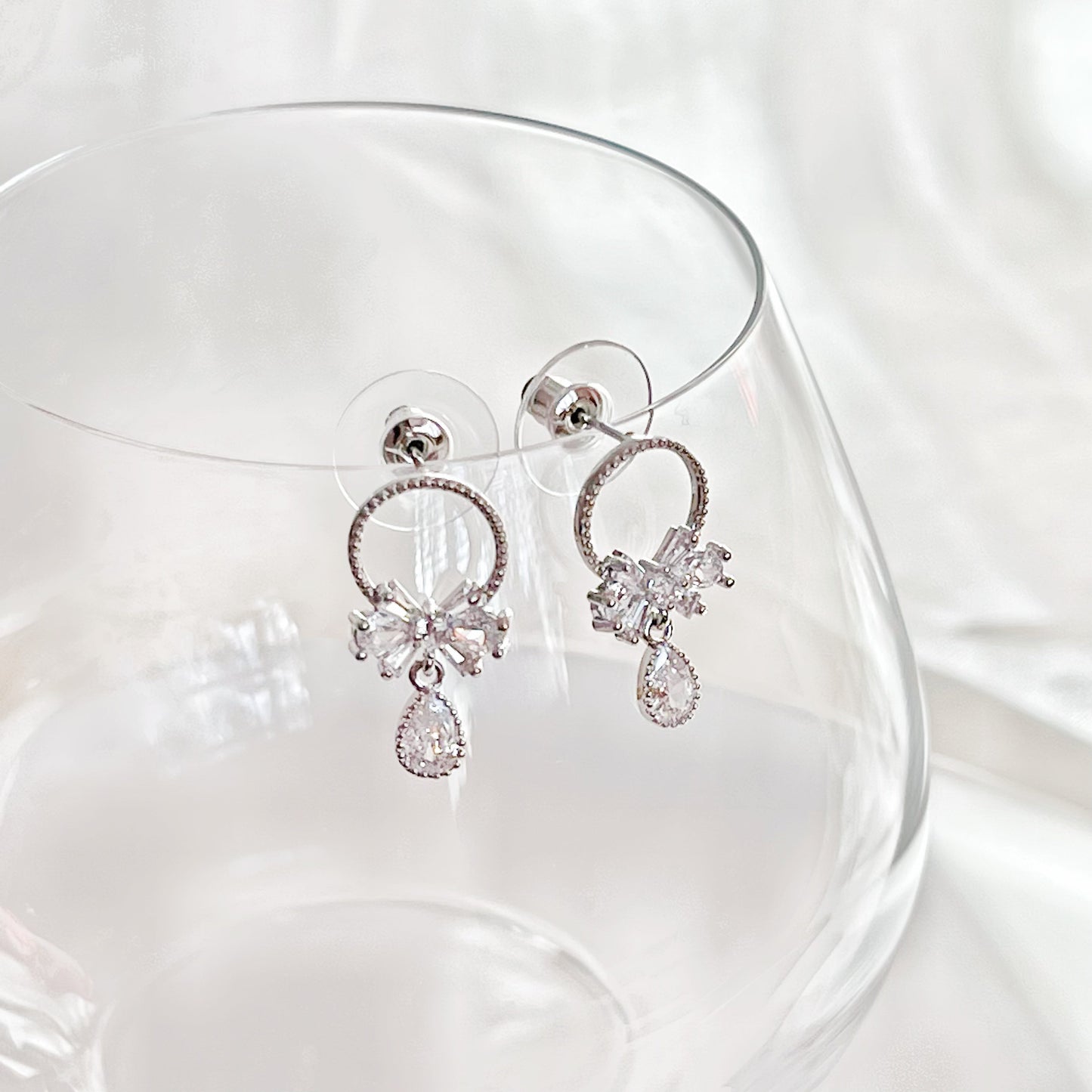 Silver Bow and Water Drop Earrings-Ninaouity
