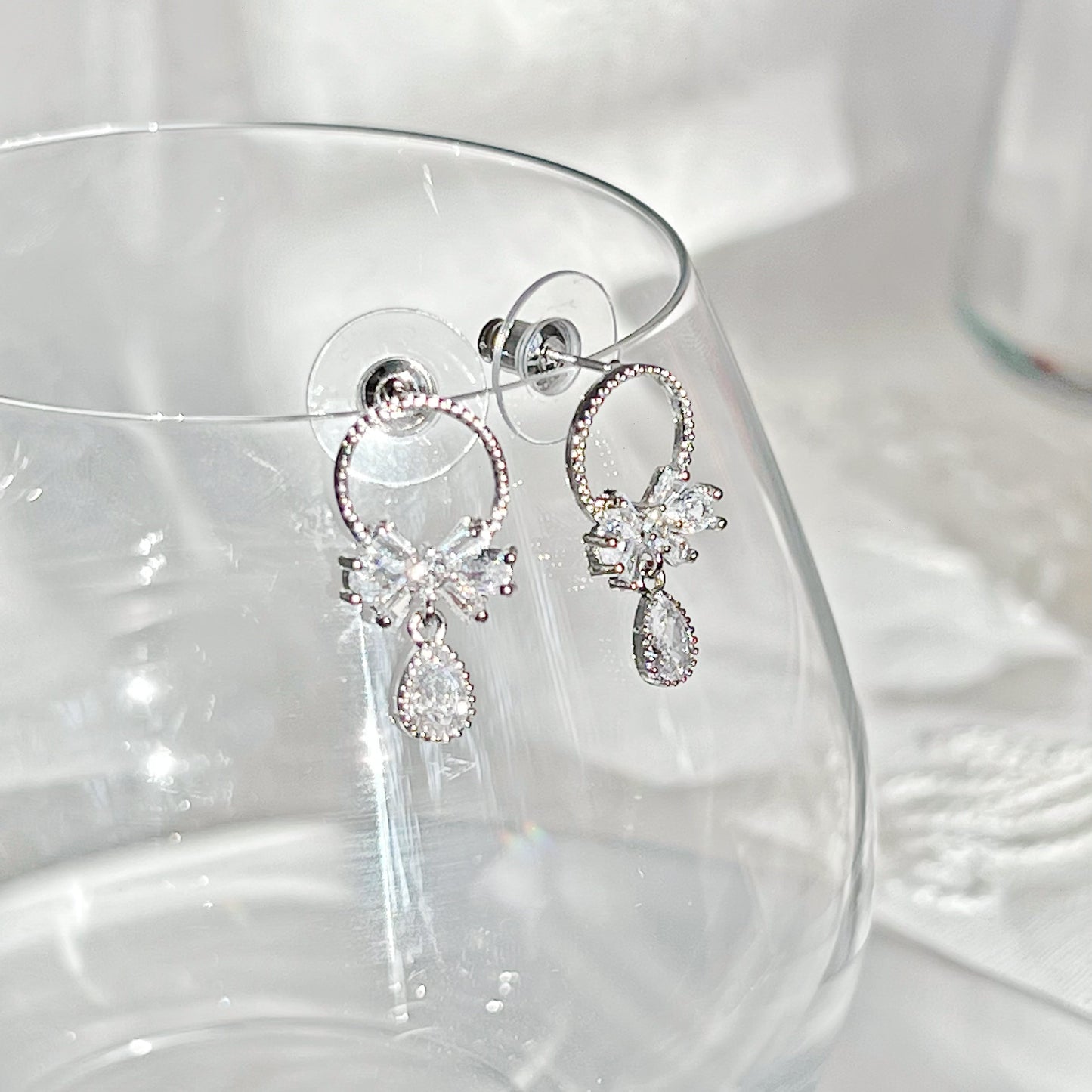 Silver Bow and Water Drop Earrings-Ninaouity
