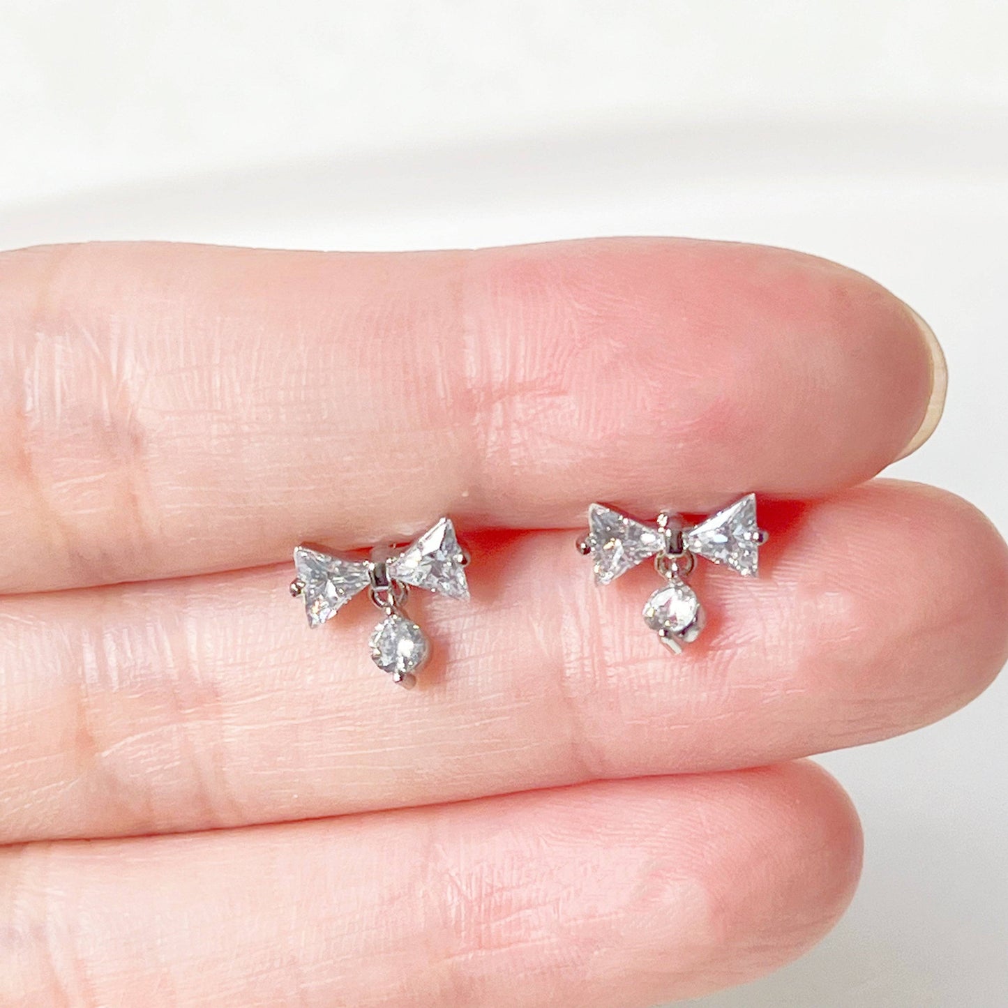Silver Bow with Little Drop Earrings - Screw Back Earrings-Ninaouity