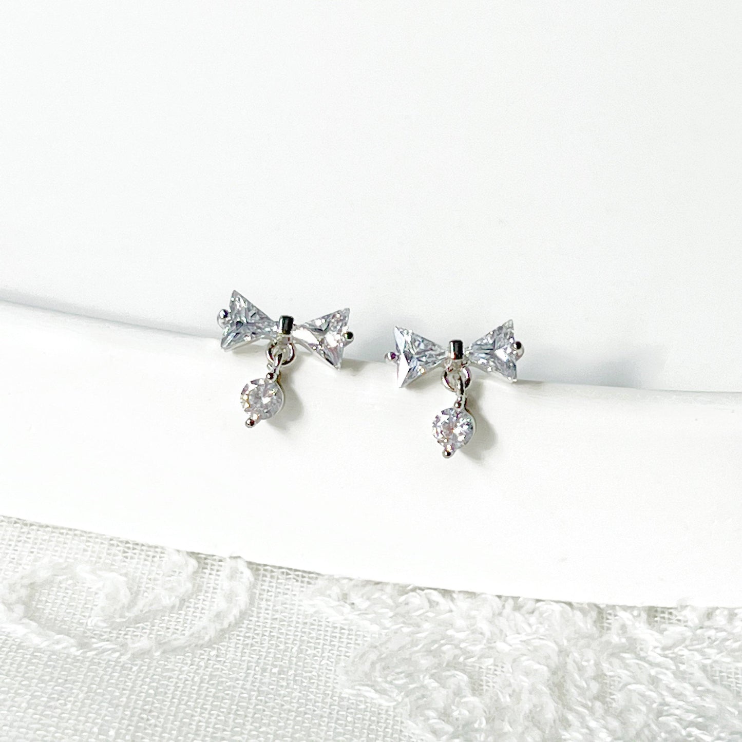Silver Bow with Little Drop Earrings - Screw Back Earrings-Ninaouity