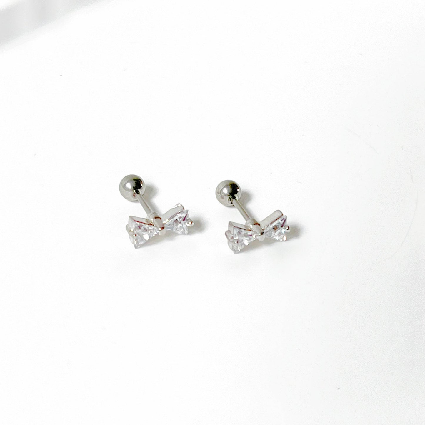 Silver Bow Zircon Earrings - Small Size Screw Back Earrings-Ninaouity