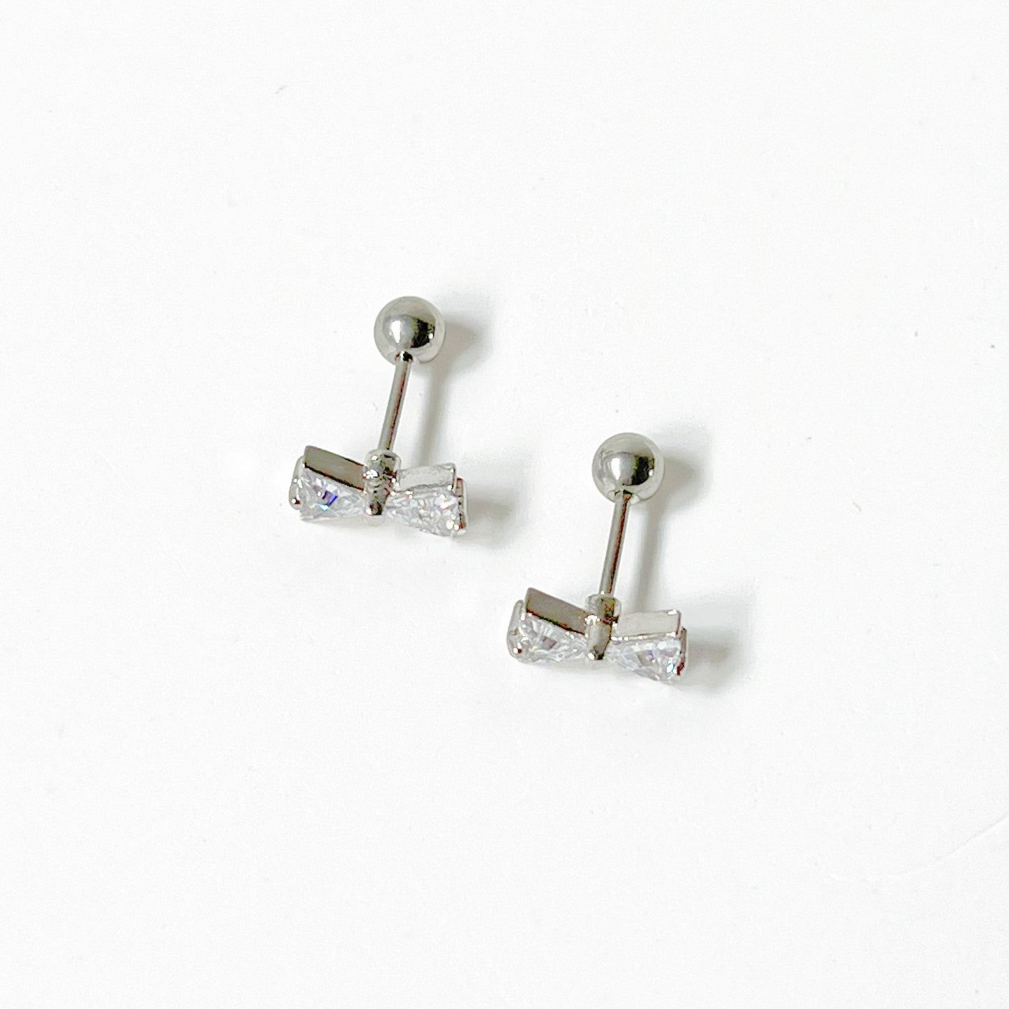 Silver Bow Zircon Earrings - Small Size Screw Back Earrings-Ninaouity