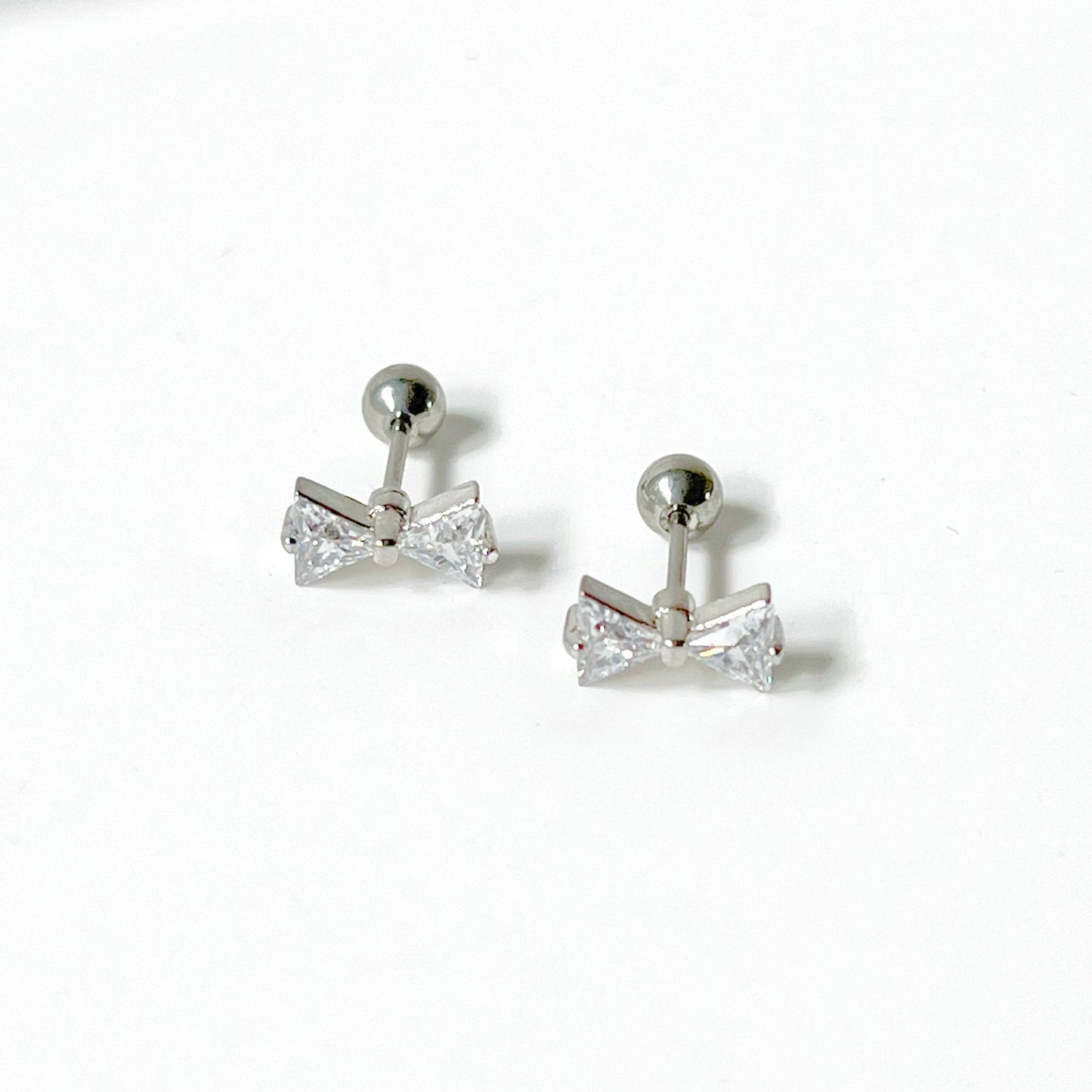 Silver Bow Zircon Earrings - Small Size Screw Back Earrings-Ninaouity