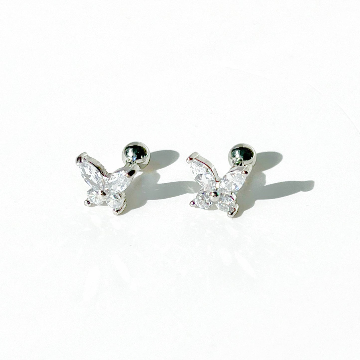 Silver Butterfly Zircon Screw Back Earrings-Ninaouity