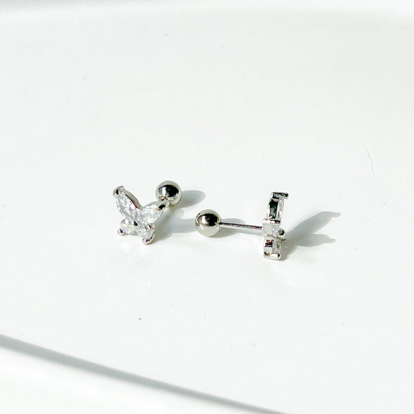Silver Butterfly Zircon Screw Back Earrings-Ninaouity