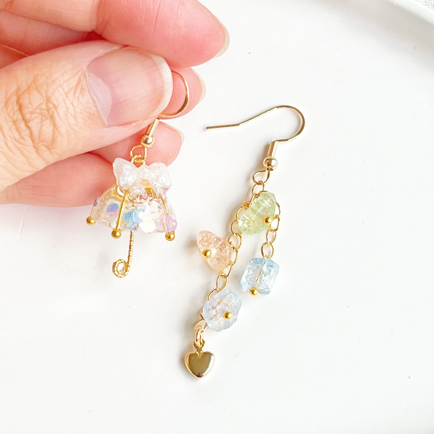 Snow White Bow Umbrella and Rainbow Stones Drop Mismatch Earrings-Ninaouity
