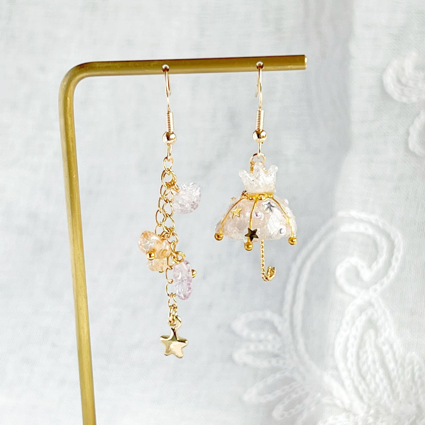 Snow White Crown Umbrella and Rainbow Stones Drop Mismatch Earrings-Ninaouity