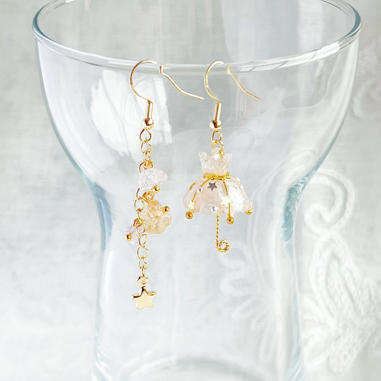 Snow White Crown Umbrella and Rainbow Stones Drop Mismatch Earrings-Ninaouity