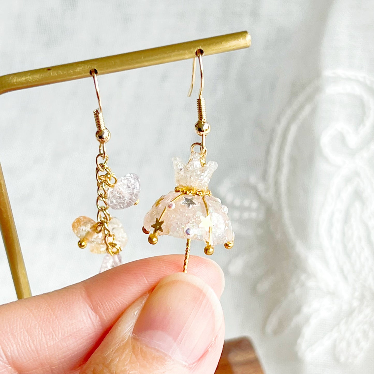 Snow White Crown Umbrella and Rainbow Stones Drop Mismatch Earrings-Ninaouity