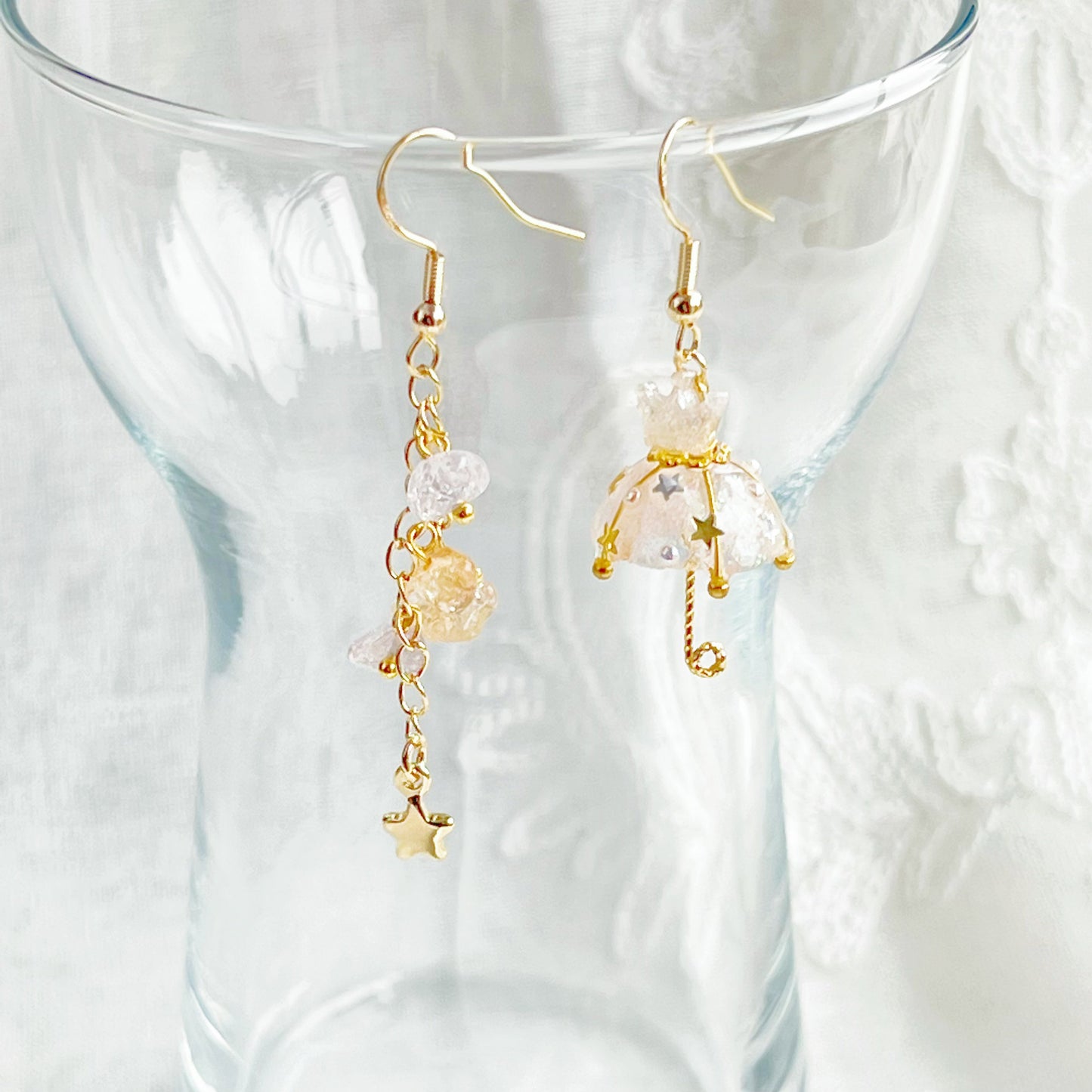 Snow White Crown Umbrella and Rainbow Stones Drop Mismatch Earrings-Ninaouity