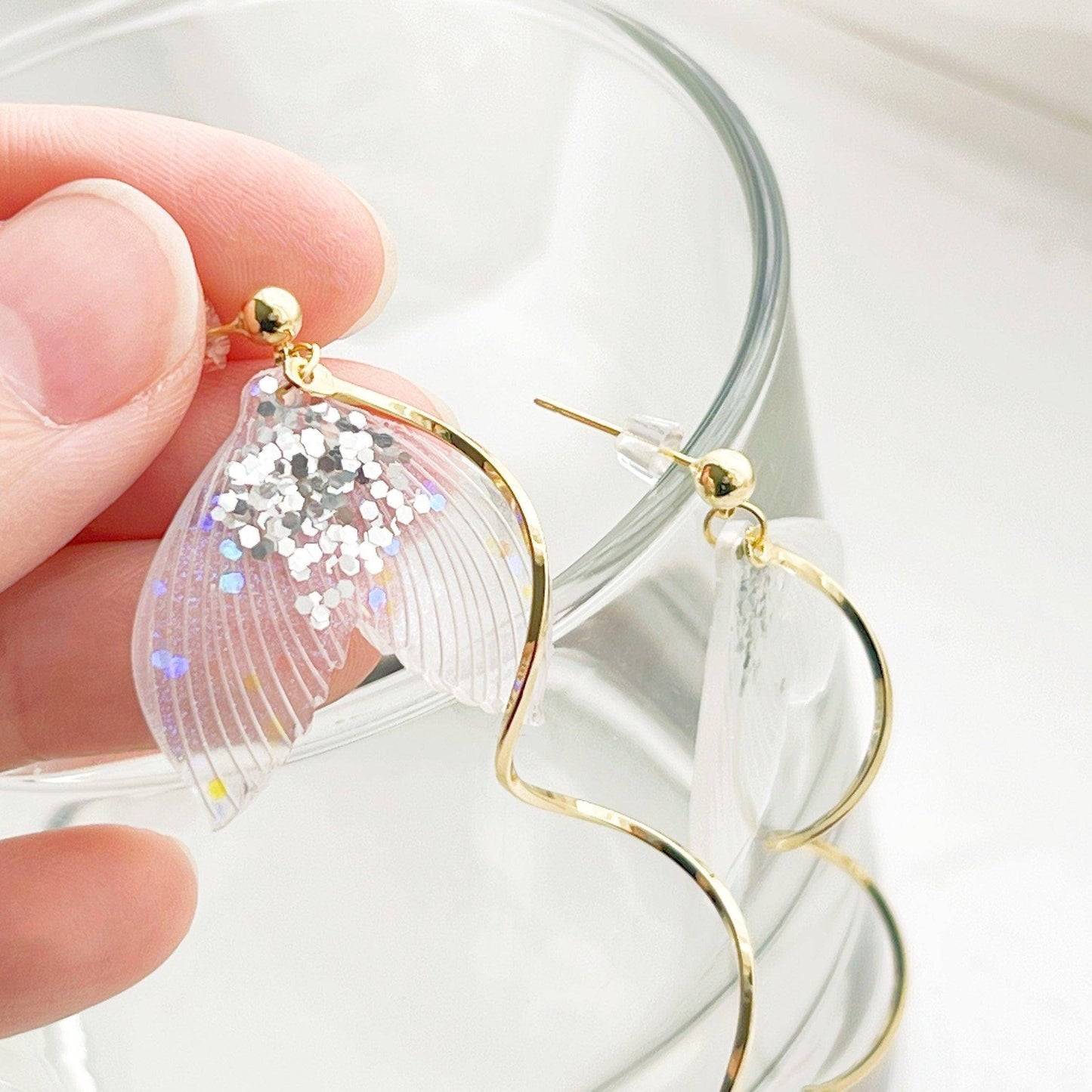 Sparkle Mermaid Tail Earrings - Golden Waves Dangle and Drop Earring-Ninaouity