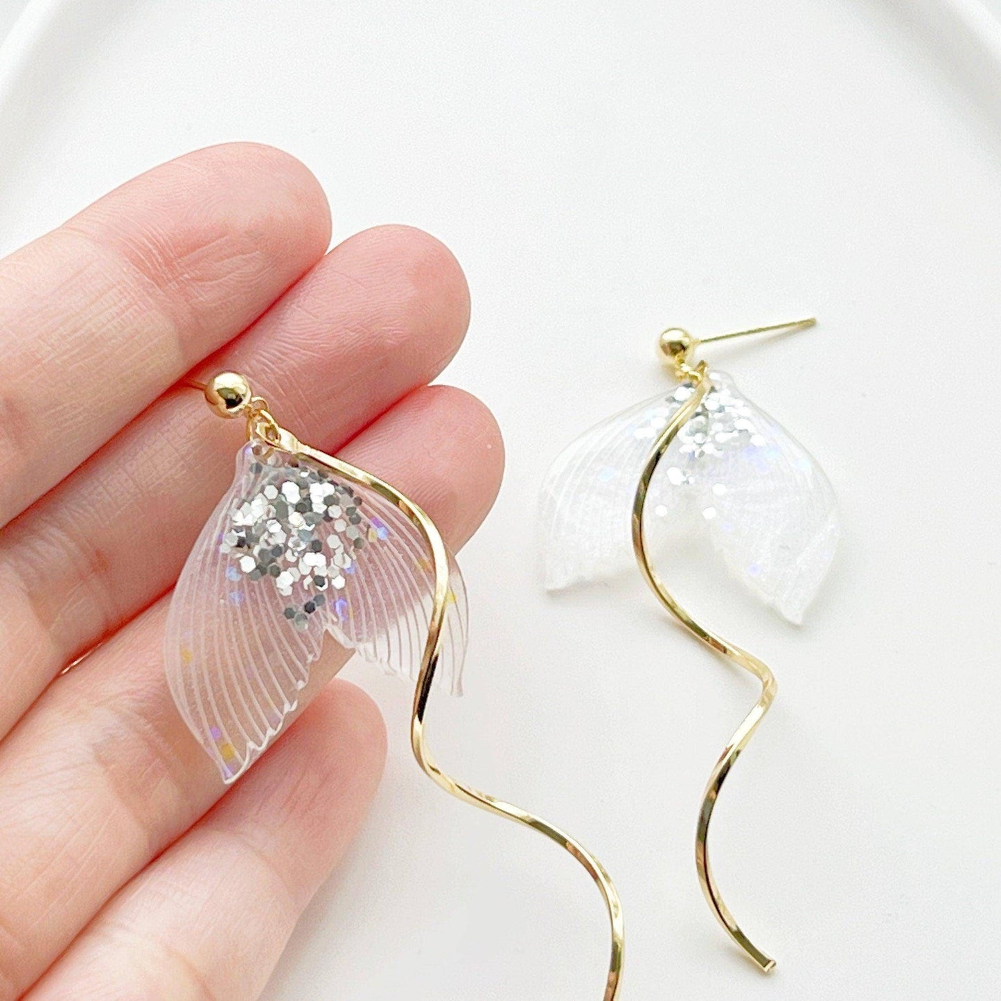 Sparkle Mermaid Tail Earrings - Golden Waves Dangle and Drop Earring-Ninaouity