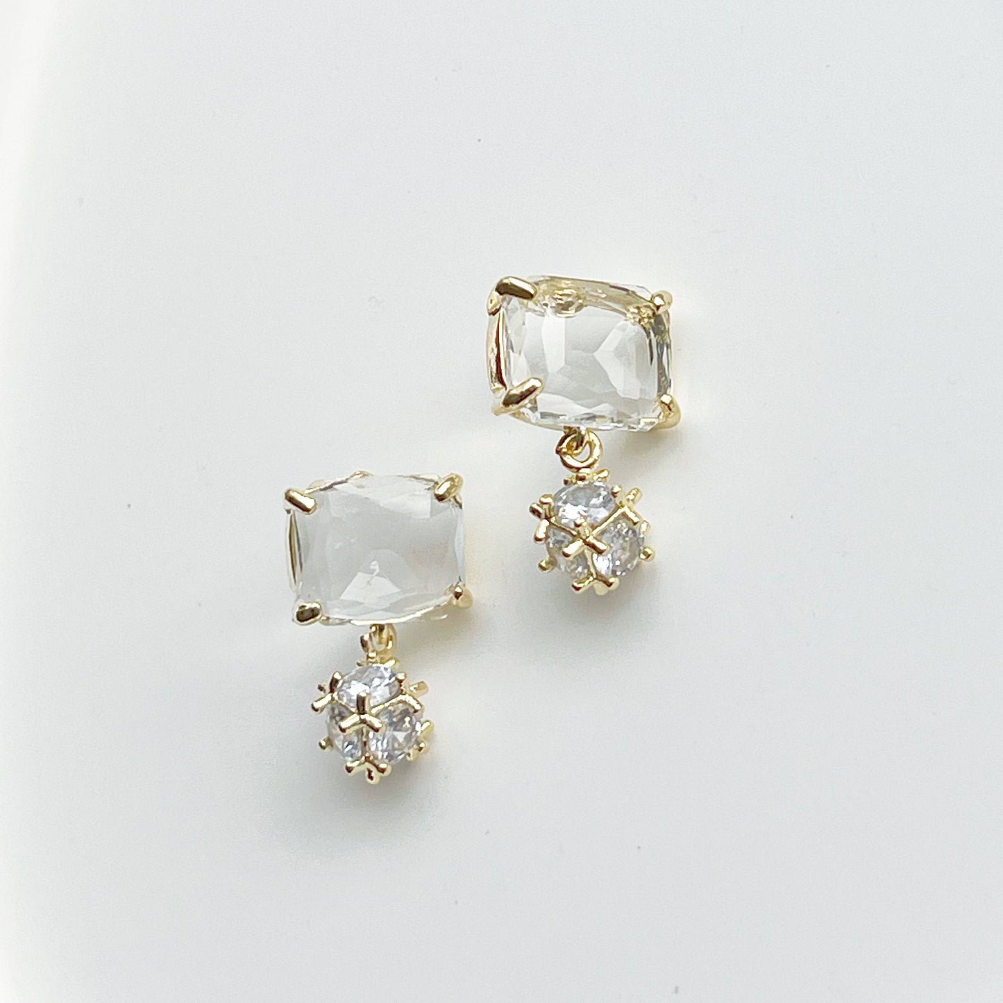 Square Ice Cube Crystal with Little Drops Stud Earrings-Ninaouity