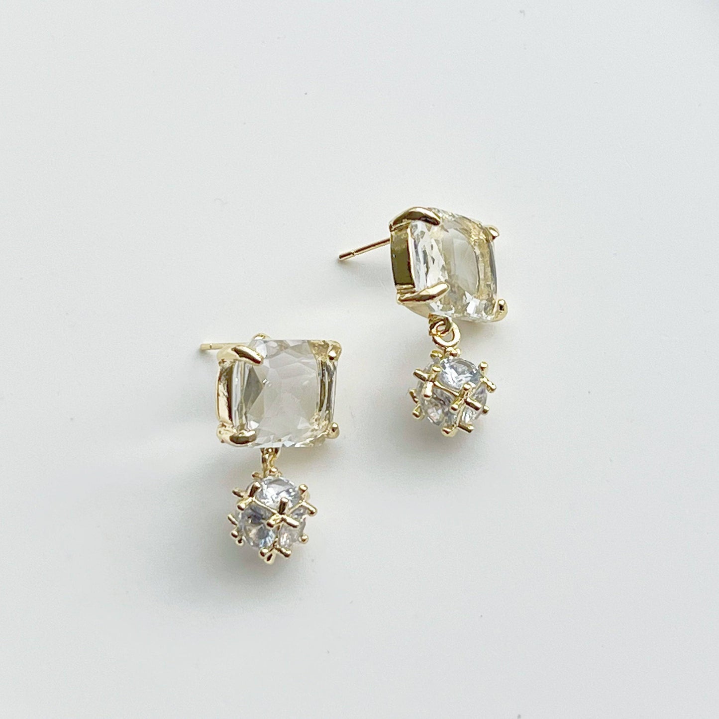 Square Ice Cube Crystal with Little Drops Stud Earrings-Ninaouity