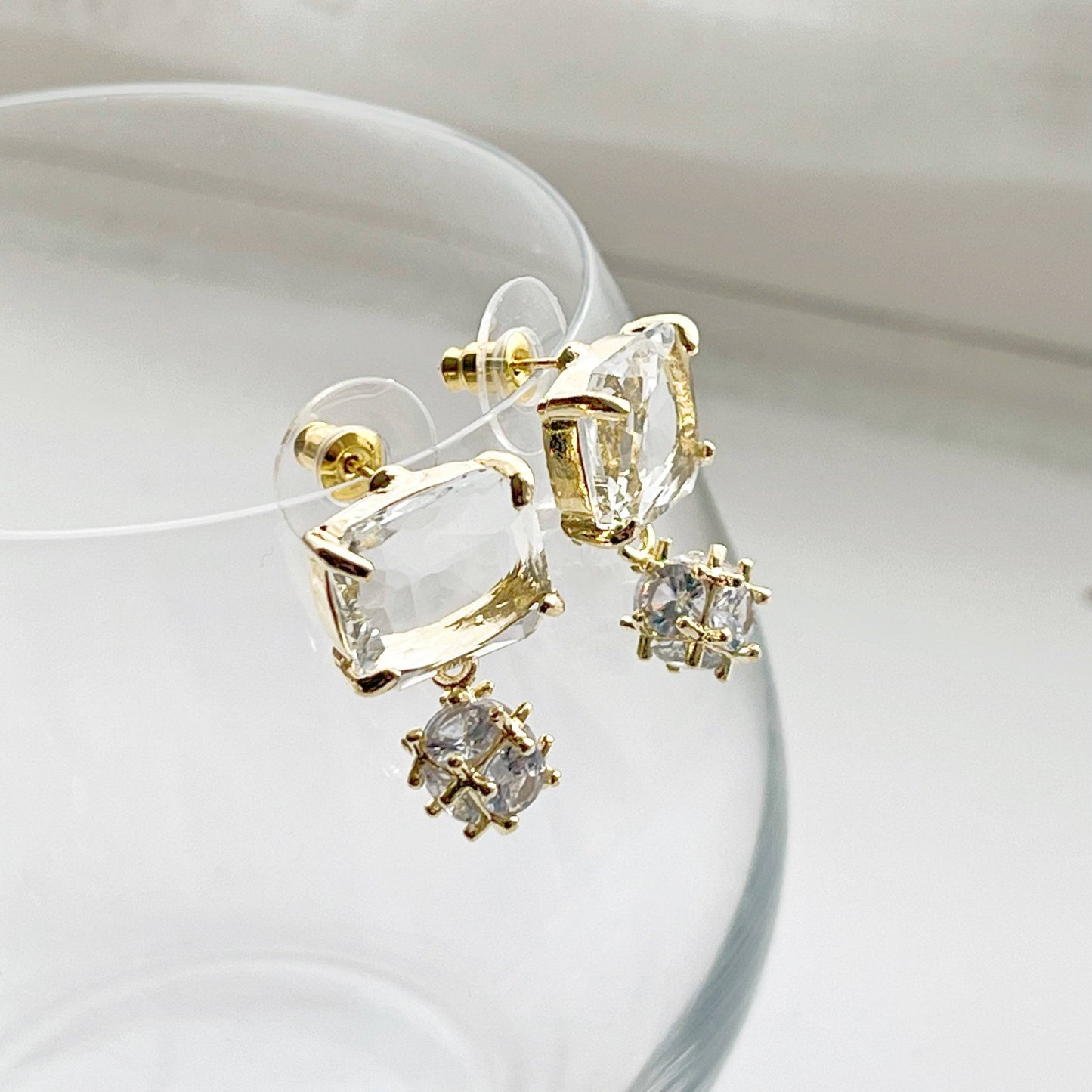 Square Ice Cube Crystal with Little Drops Stud Earrings-Ninaouity