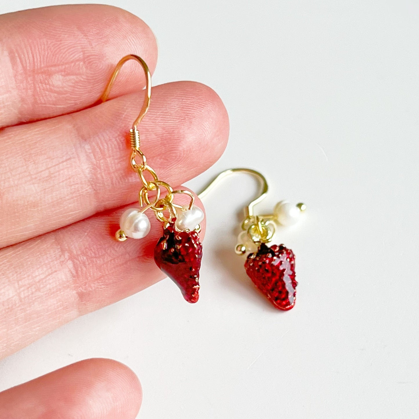 Strawberry and Pearl Mini Drop Earrings-Ninaouity