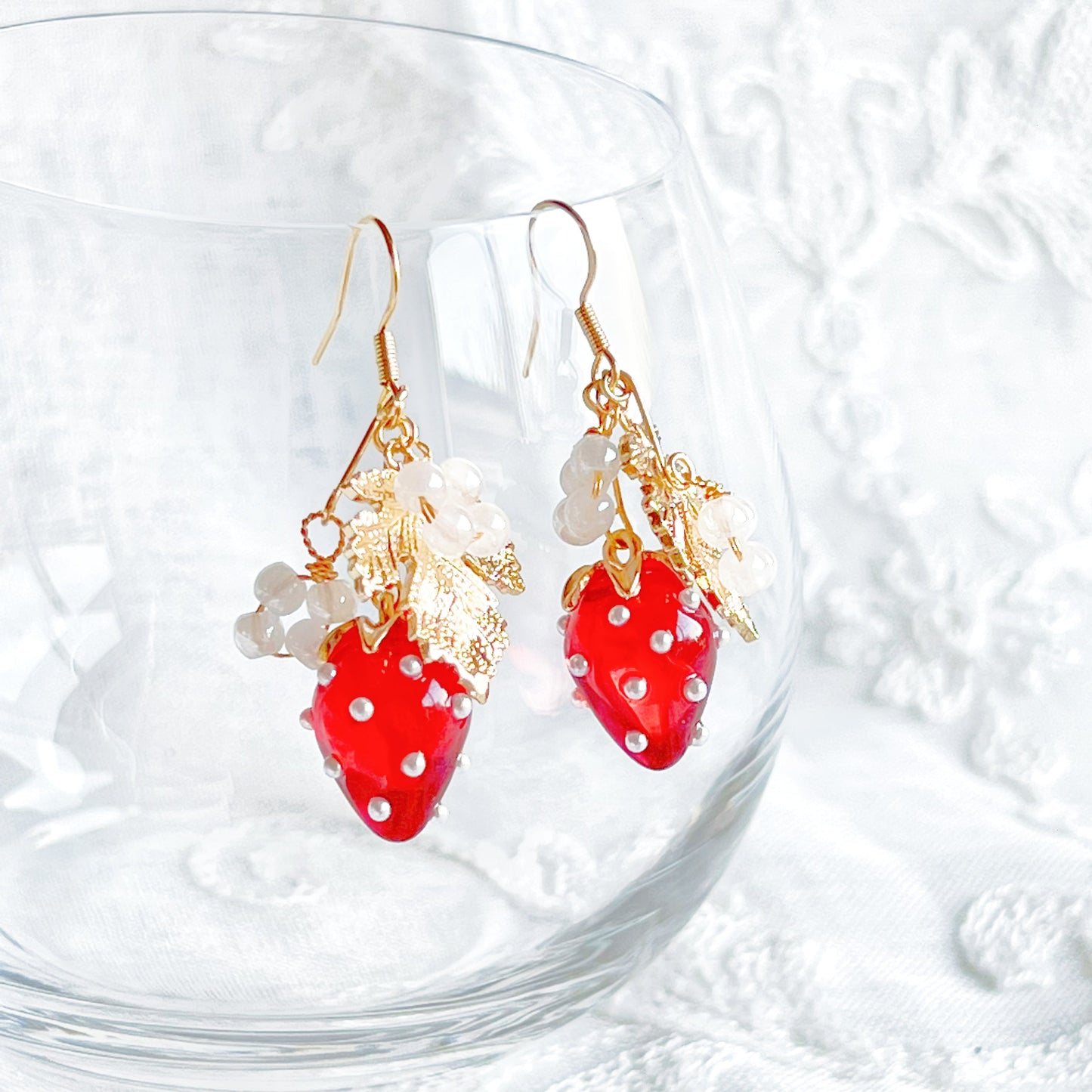 Strawberry Gold Leaf Drop Earrings-Ninaouity