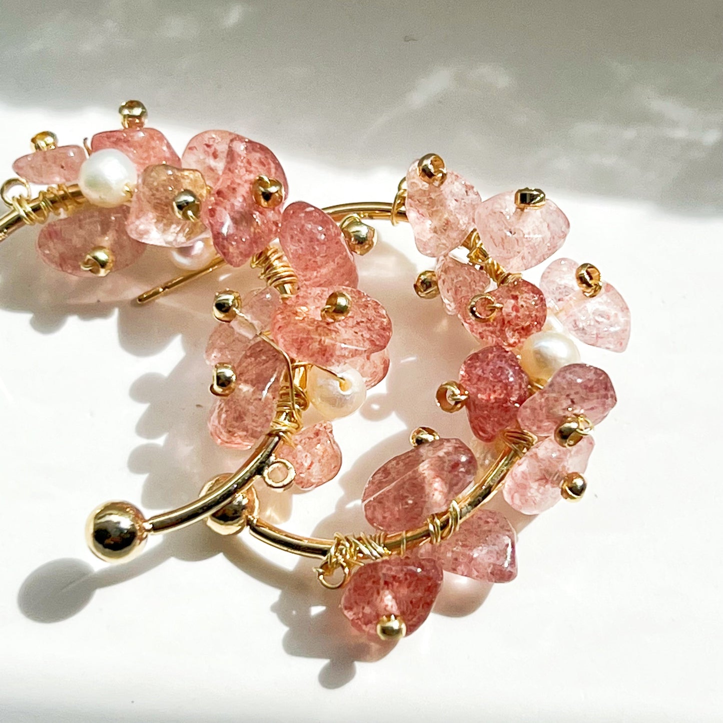 Strawberry Quartz and Pearl Beaded Hoop Earrings-Ninaouity