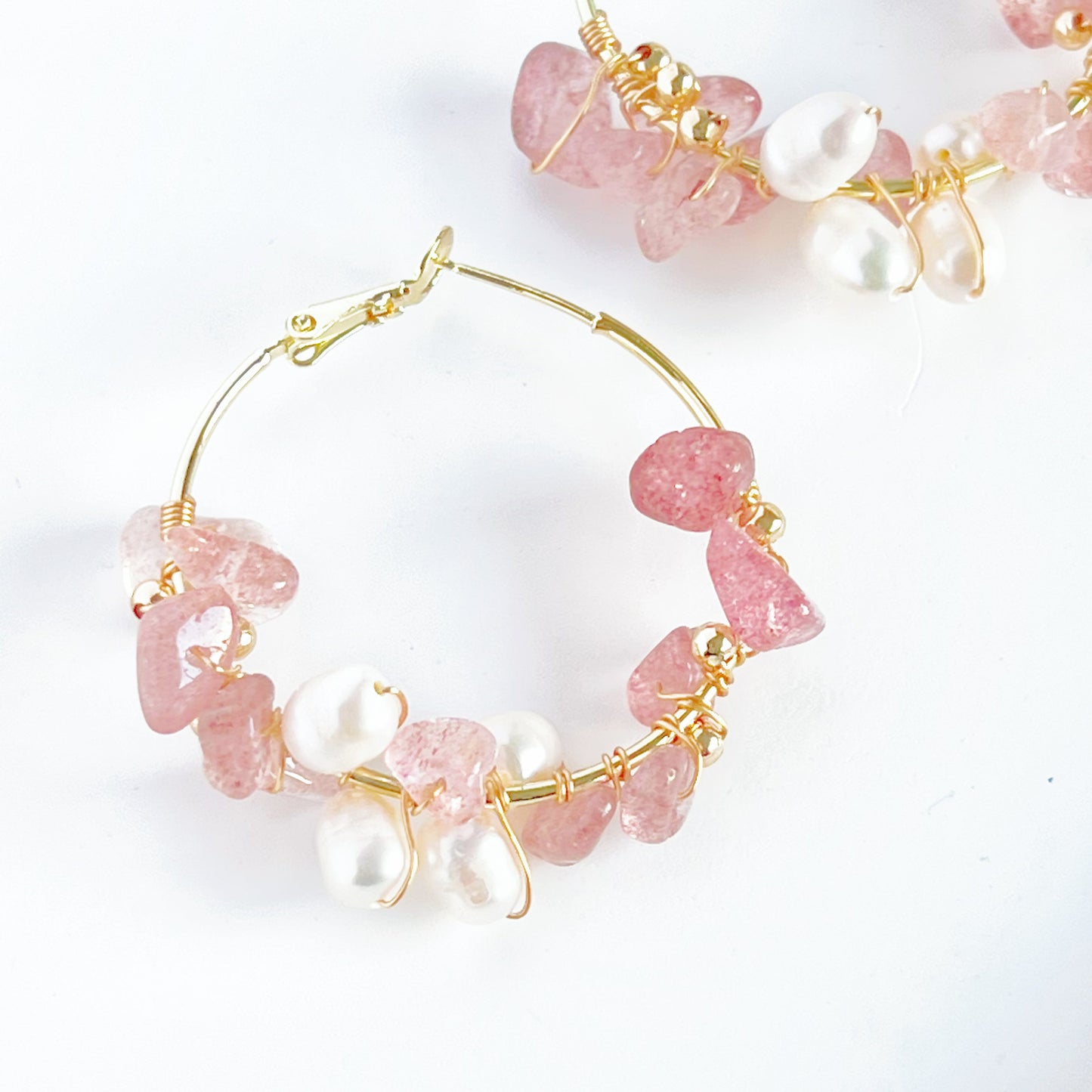 Strawberry Quartz and Pearl Hoop Earrings-Ninaouity