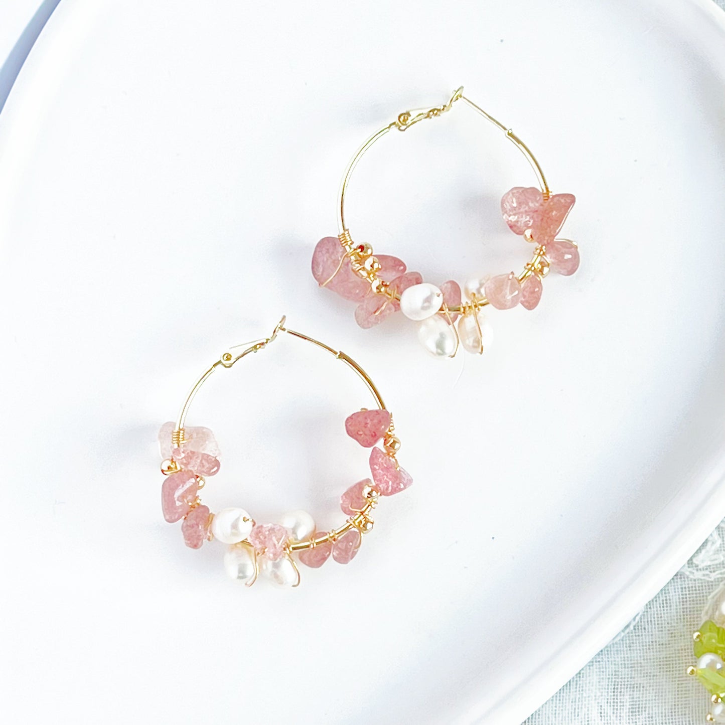 Strawberry Quartz and Pearl Hoop Earrings-Ninaouity
