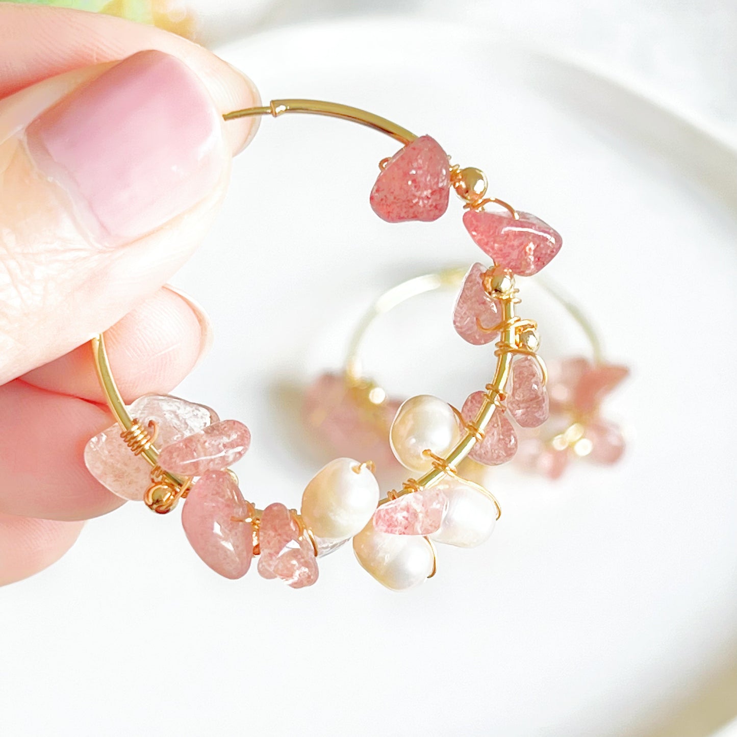 Strawberry Quartz and Pearl Hoop Earrings-Ninaouity