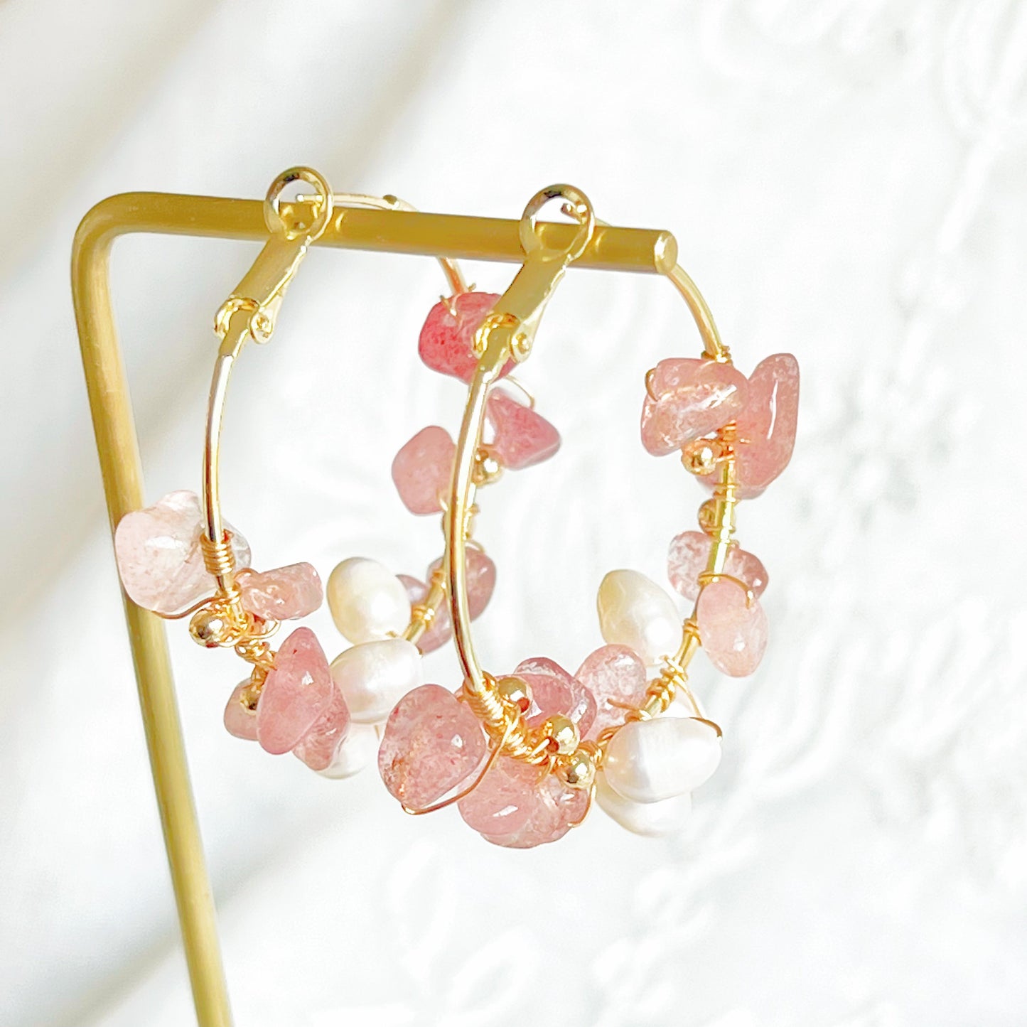 Strawberry Quartz and Pearl Hoop Earrings-Ninaouity