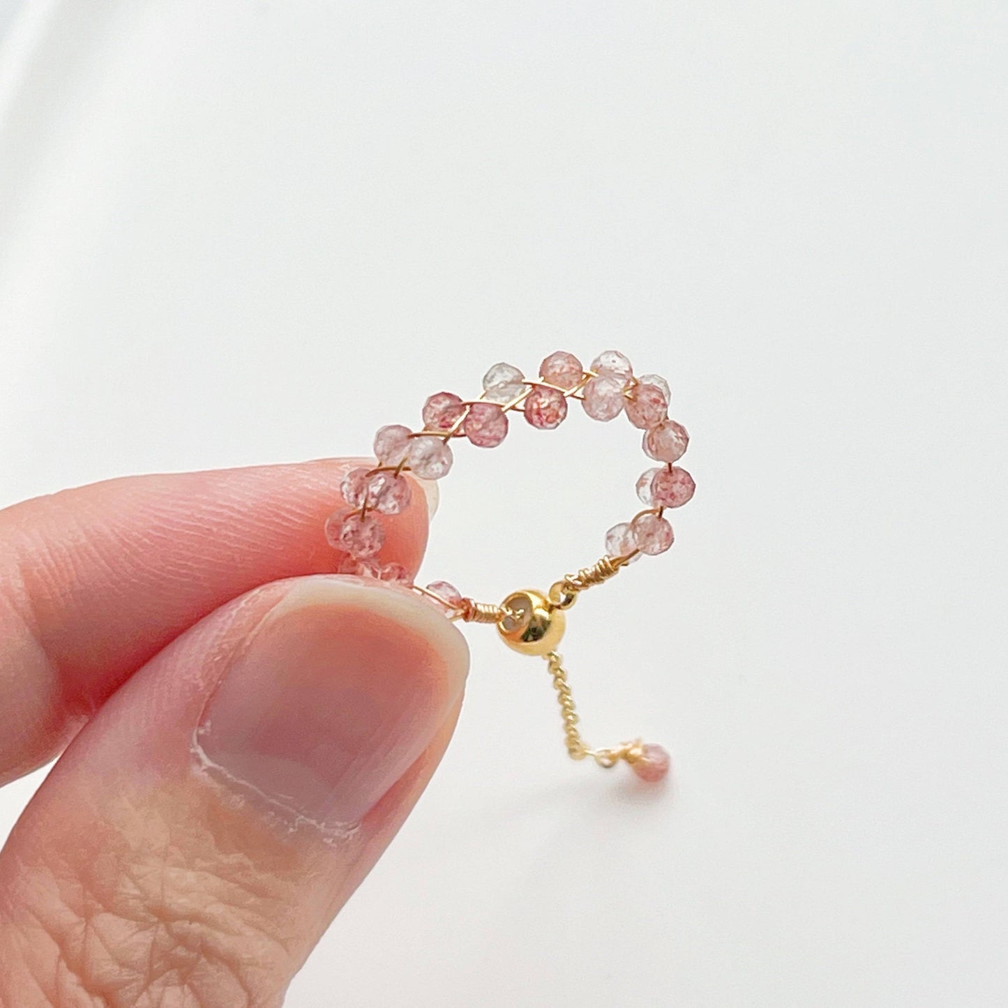 Strawberry Quartz Beaded Adjustable Ring - Stone of Love-Ninaouity