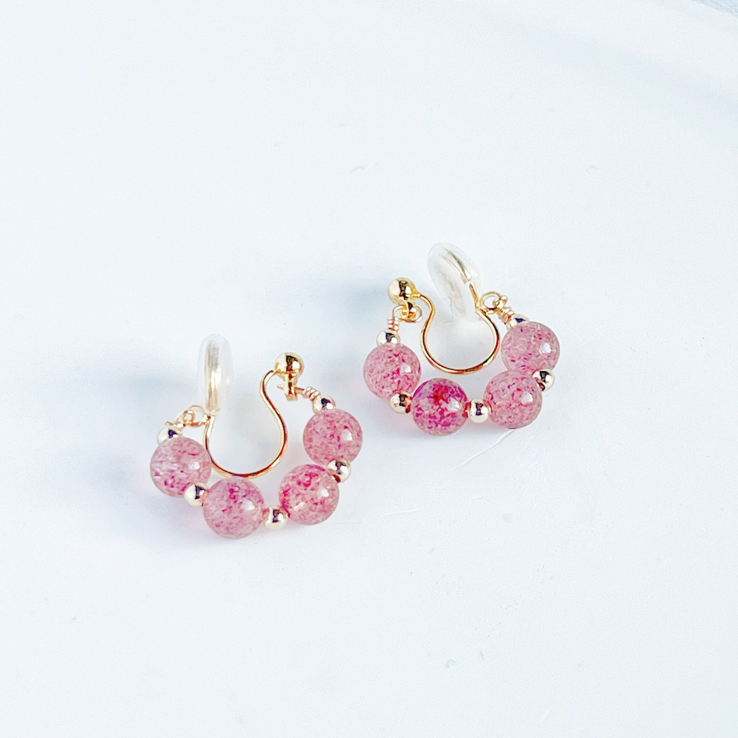 Strawberry Quartz Beads Hoop Clip-On Earrings-Ninaouity