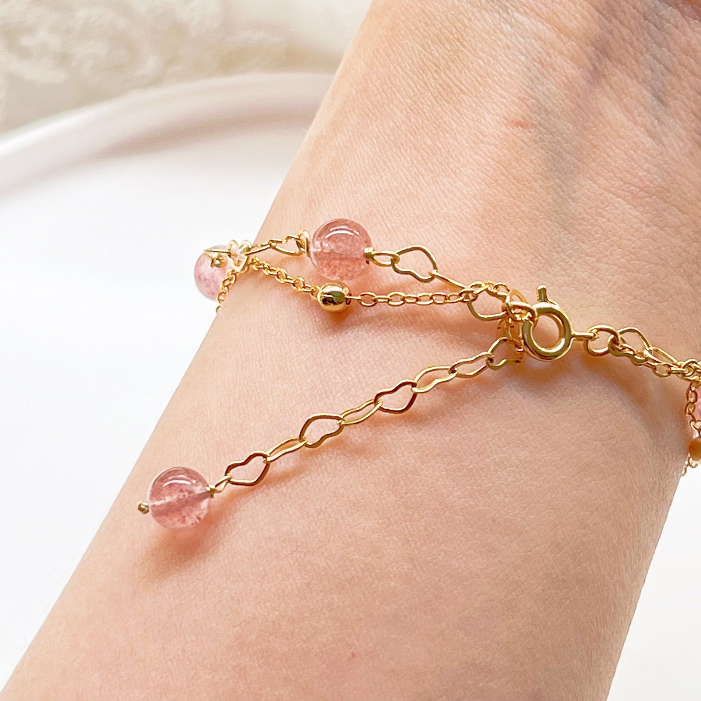 Strawberry Quartz in Heart Chain Bracelet-Ninaouity