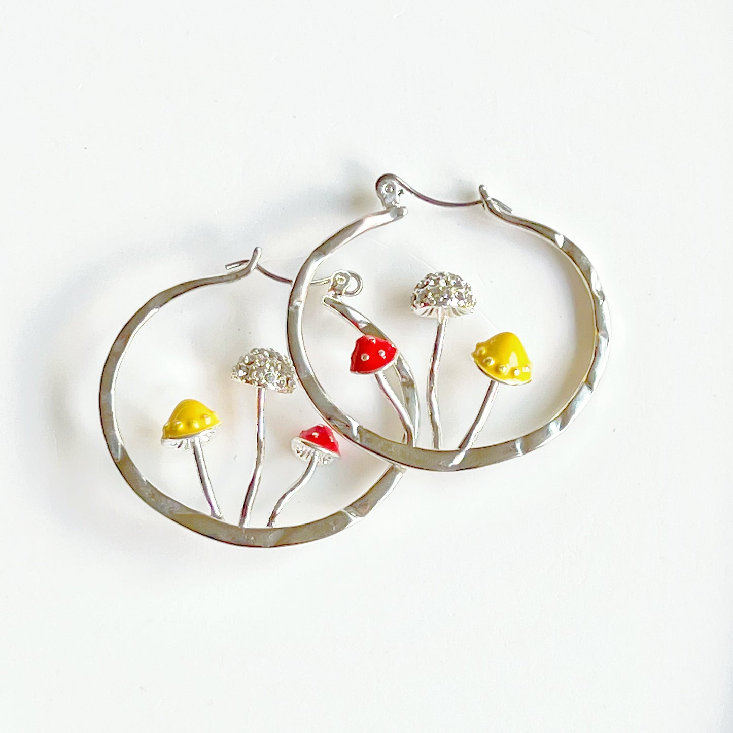 Three Mushrooms in Silver Hoop - Red Fly Agaric Good Luck Earrings-Ninaouity